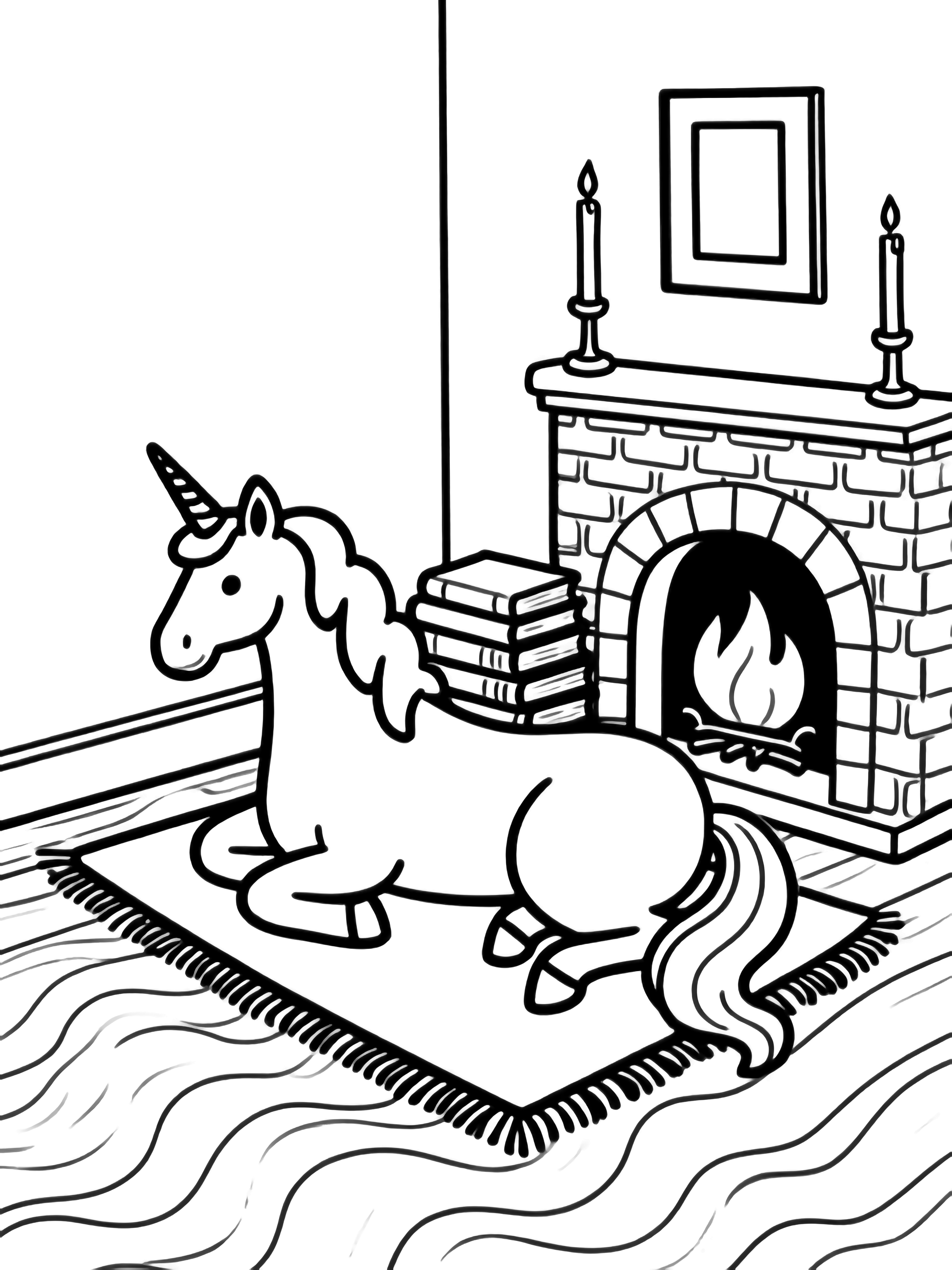 A unicorn relaxes on a tasseled rug next to a brick fireplace, with stacked books, a candle, and a framed picture on the mantel above wavy floorboards. kleurplaat