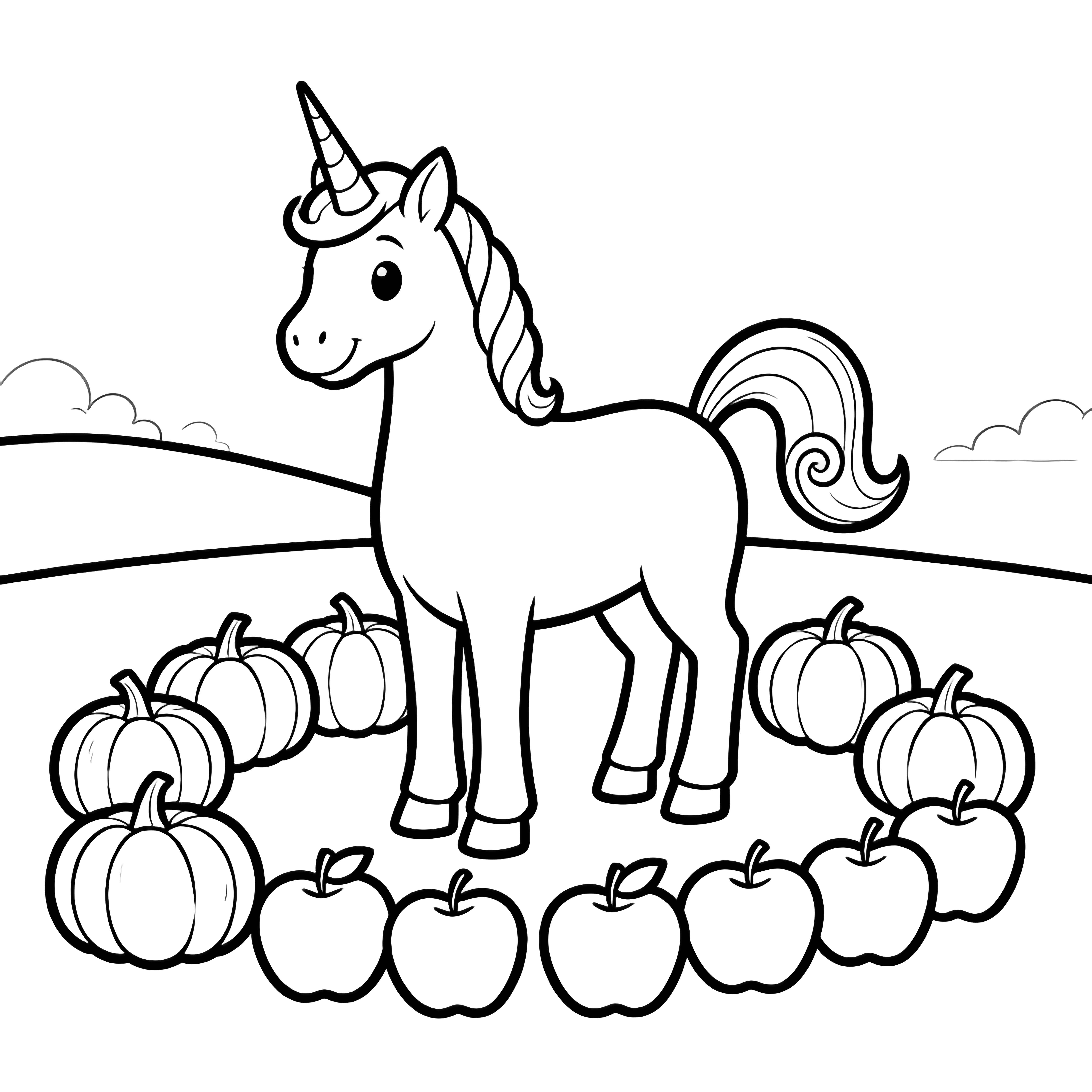 A happy unicorn with a spiral mane stands amid a ring of pumpkins and apples, with rolling hills and drifting clouds behind. kleurplaat