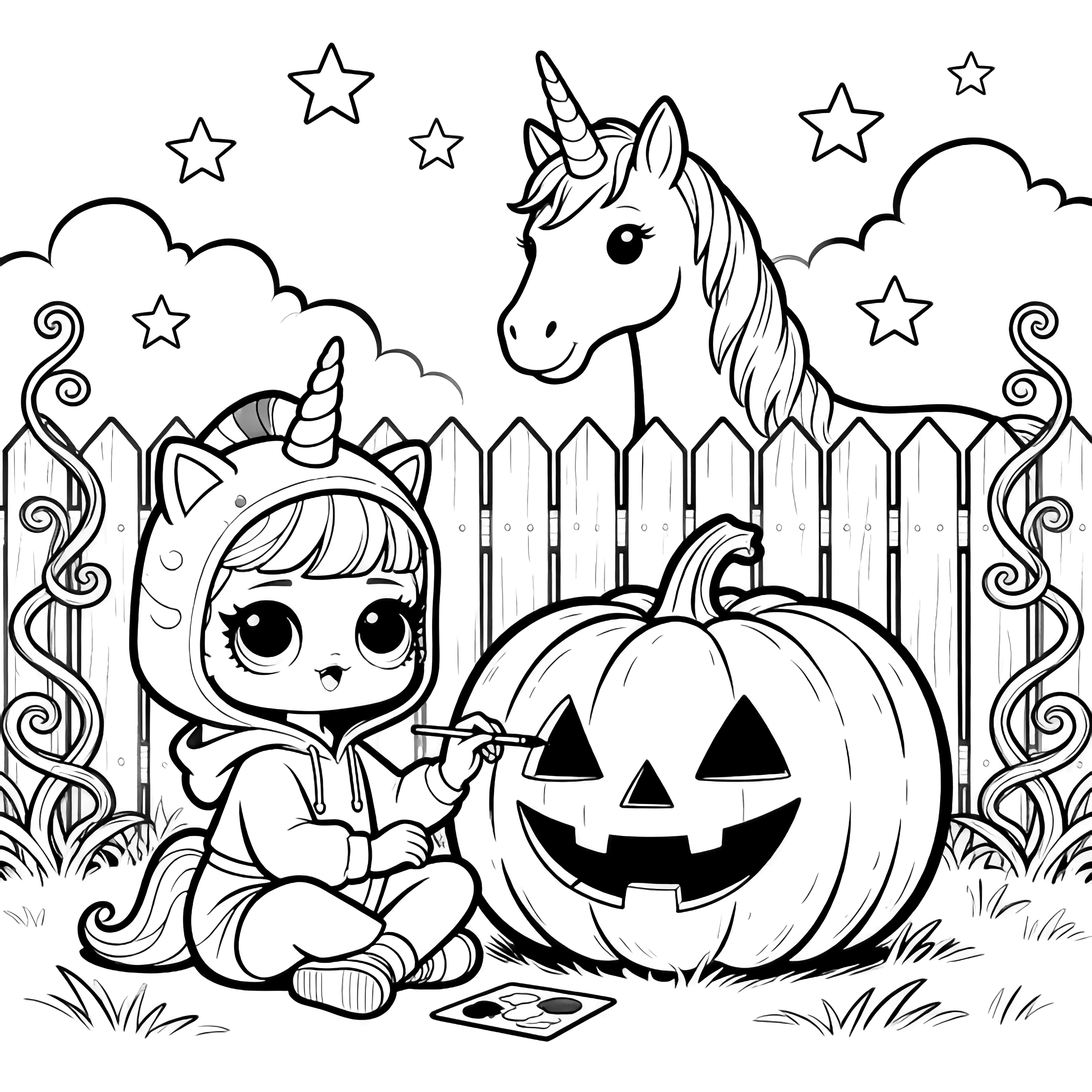 A LOL doll in a unicorn hoodie sits painting a giant smiling pumpkin; a real unicorn peers over a picket fence while stars, clouds, and vines curl around the scene. kleurplaat