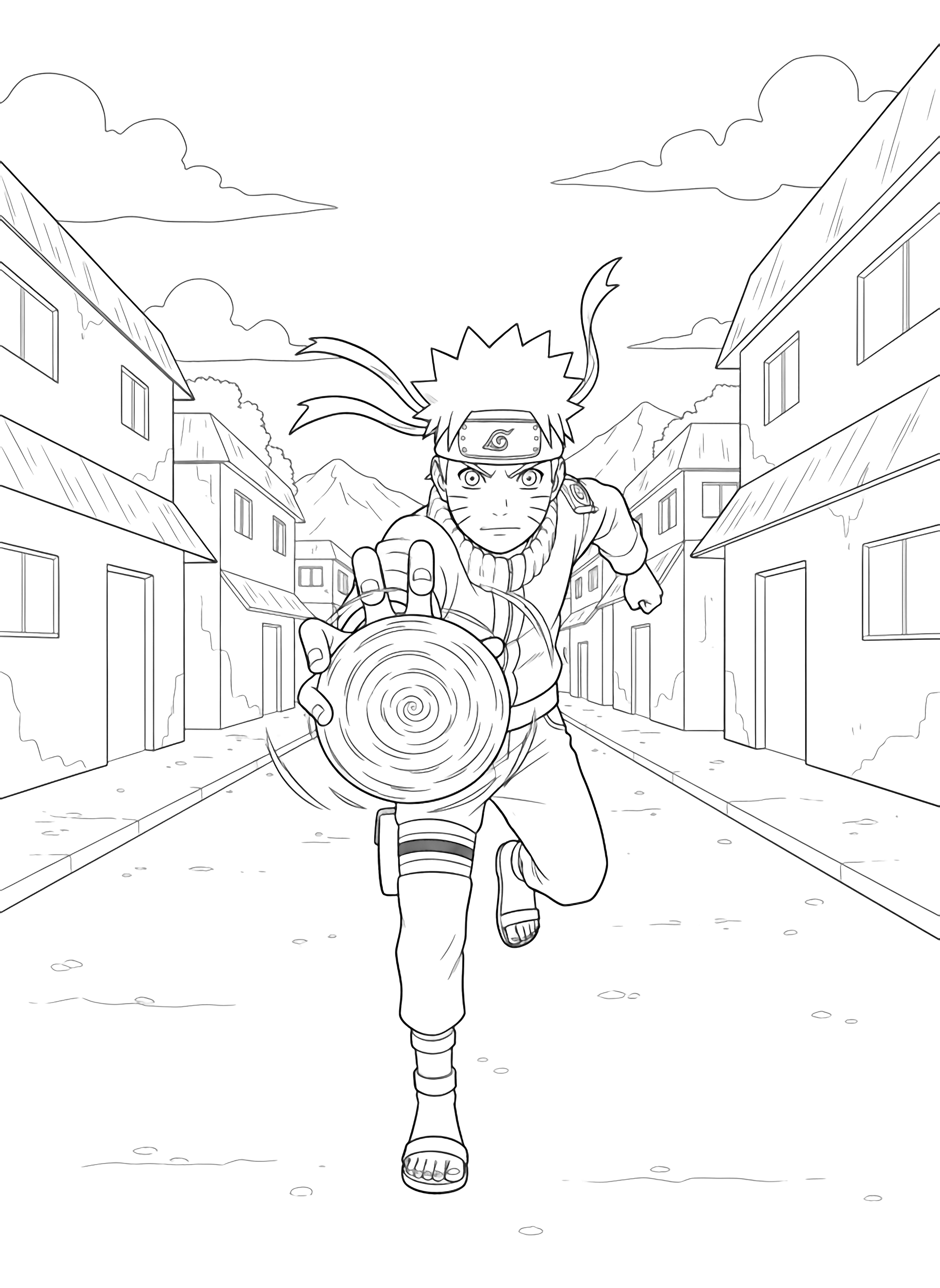 Naruto sprints forward, spiky hair and headband ribbon streaming, one palm spinning a spiral Rasengan; behind him, a village street with blank-walled huts, clouds, and distant mountains. kleurplaat