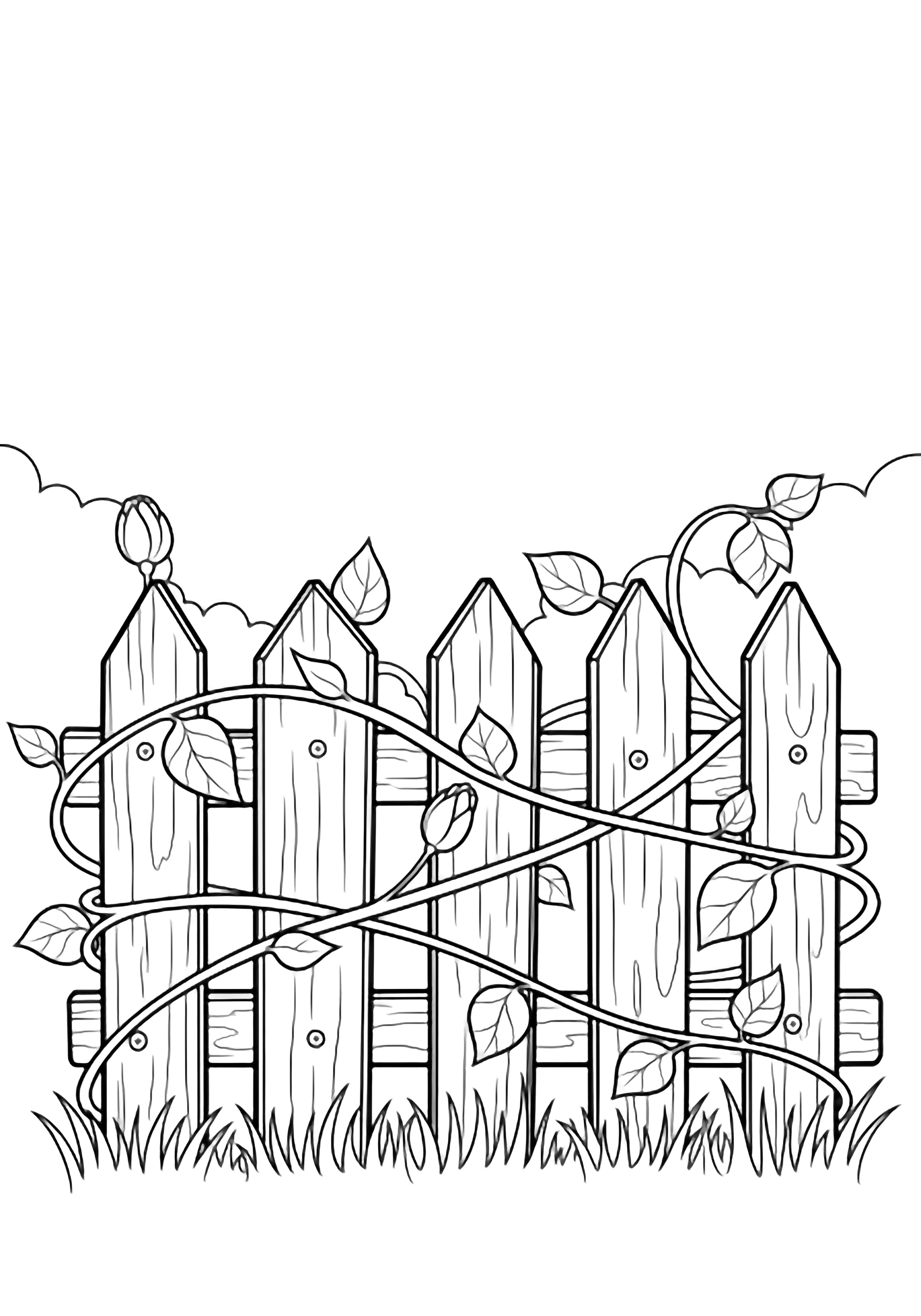 A picket fence entwined with curling vines, large leaves, and small flower buds stands on sparse grass beneath an empty sky. kleurplaat
