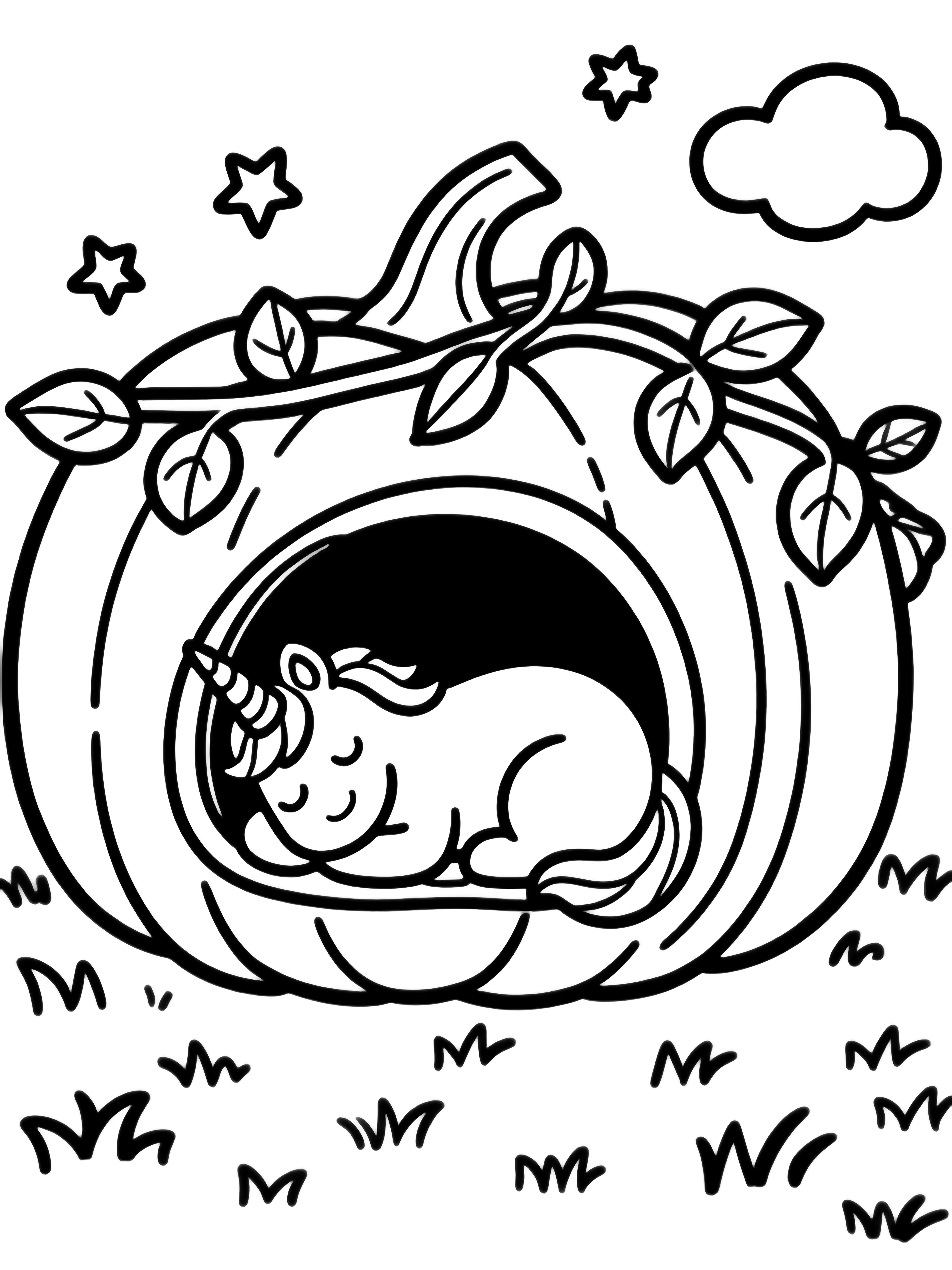 A sleeping unicorn smiles inside a hollow pumpkin house with a round door, leafy vines, tiny stars, drifting clouds, and a simple grass line below. kleurplaat