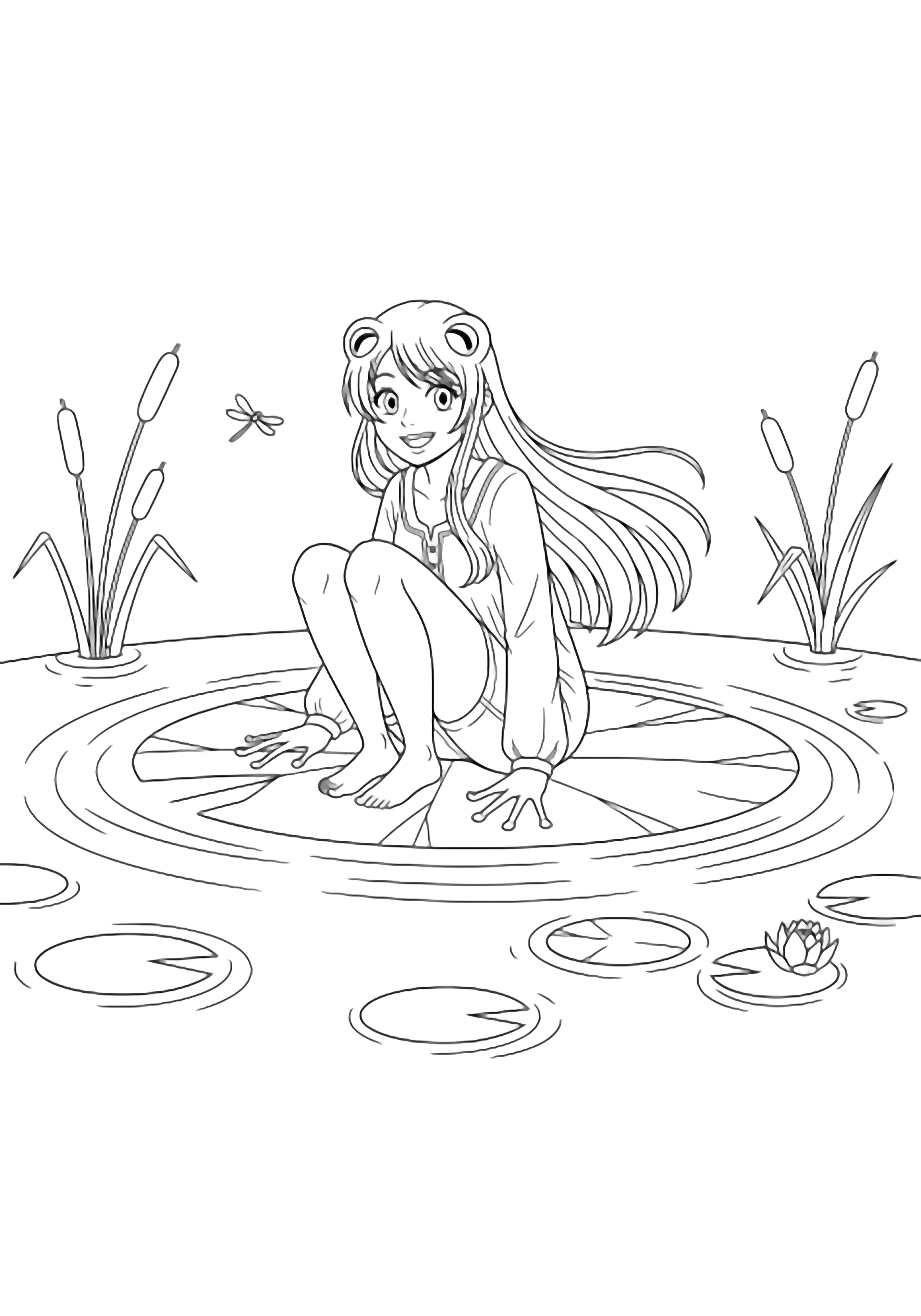 Cheerful frog girl with long flowing hair sits on a big lily pad in a pond, fingers resting on the edge, surrounded by ripples, cattails, and a tiny dragonfly. kleurplaat