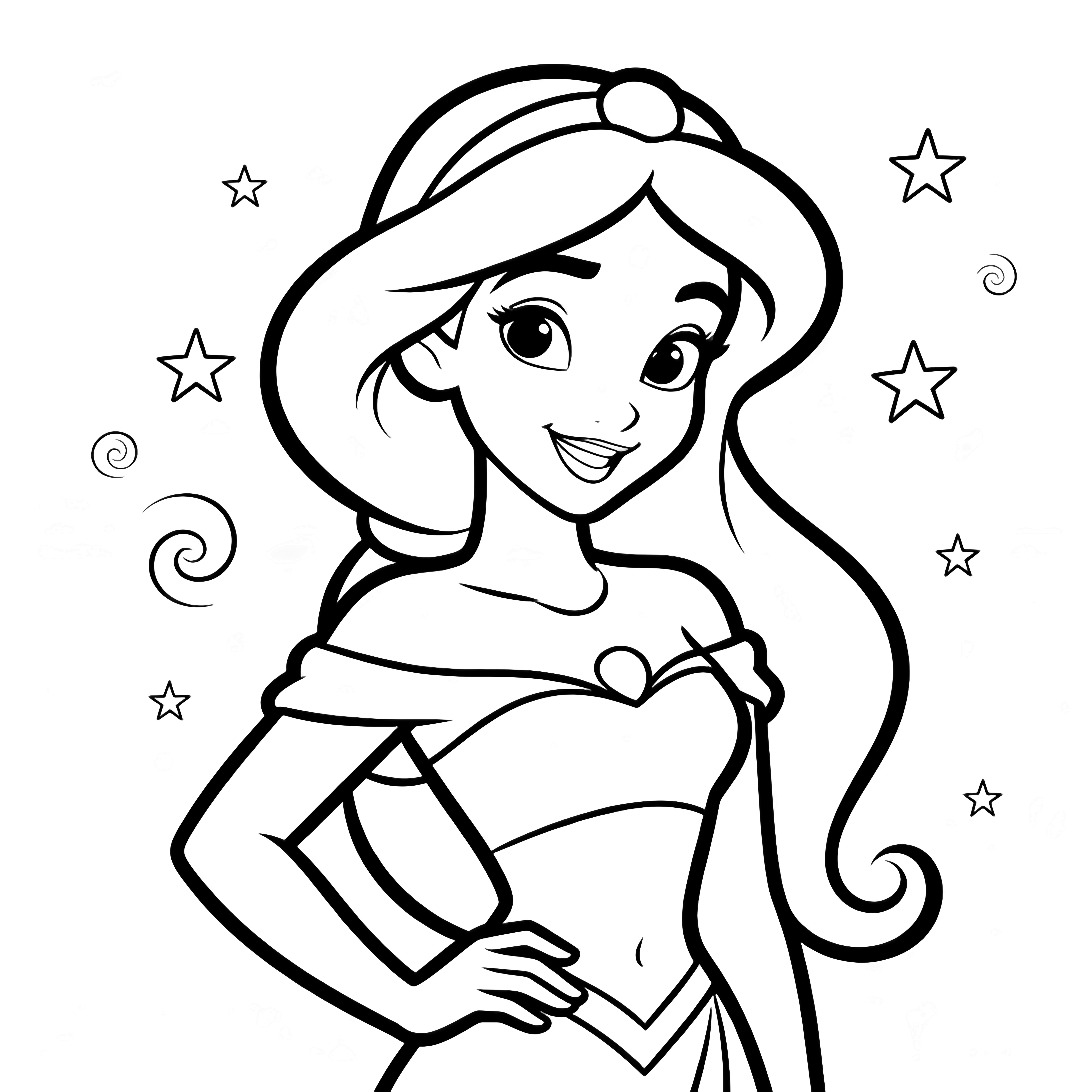 Jasmine stands with one hand on her hip and a gentle smile, hair flowing, tiny stars and swirls floating around her. kleurplaat