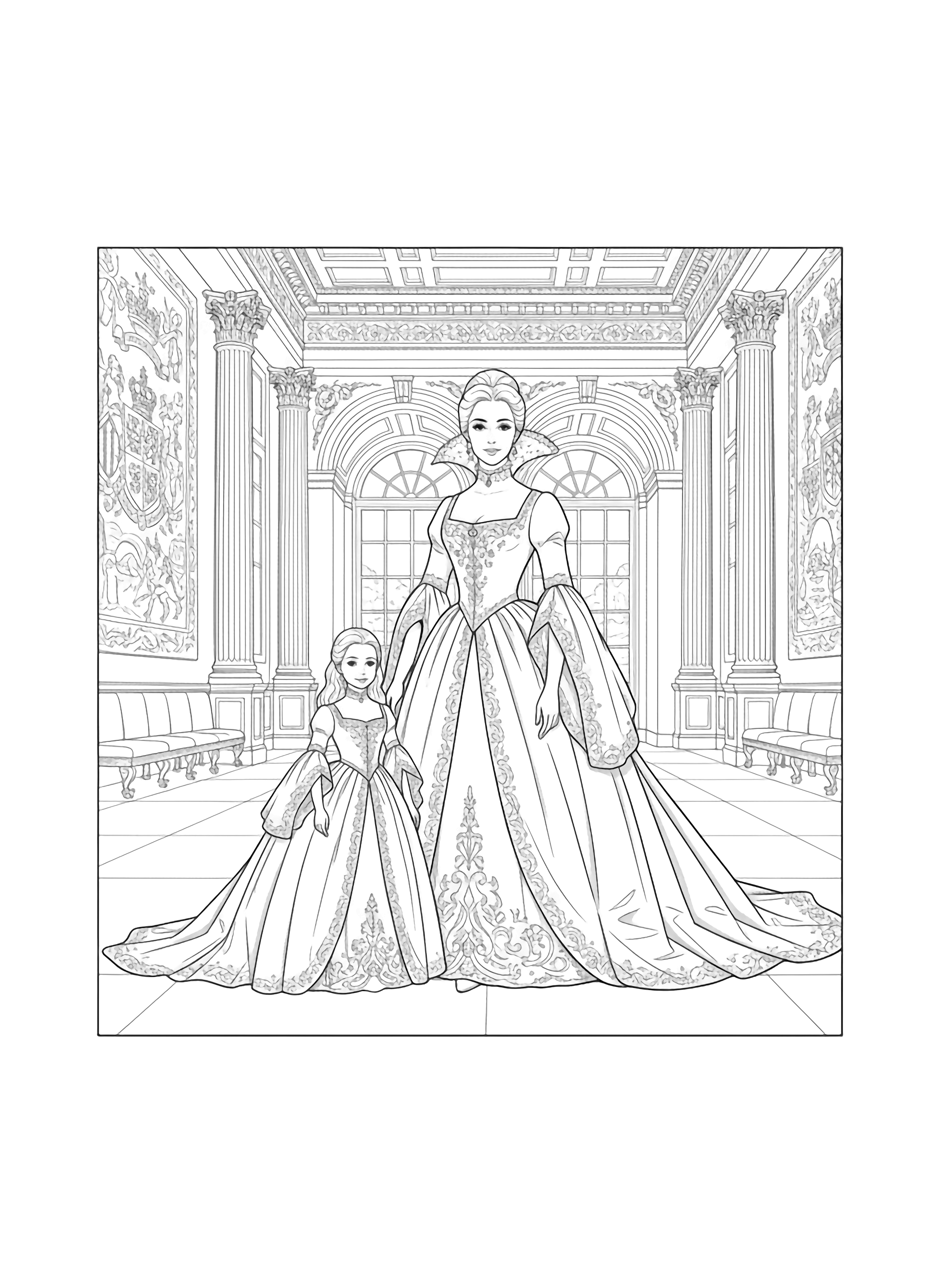 A black and white illustration of a British princess and her young princess daughter standing together in a grand palace hall The princess mother wears an elegant long gown with wide flowing skirts ornate sleeves and a high collar while her daughter mirrors her style in a smaller version of the royal dress Their faces are serene and graceful clean black and white line drawing minimal shading no colour no fill kleurplaat