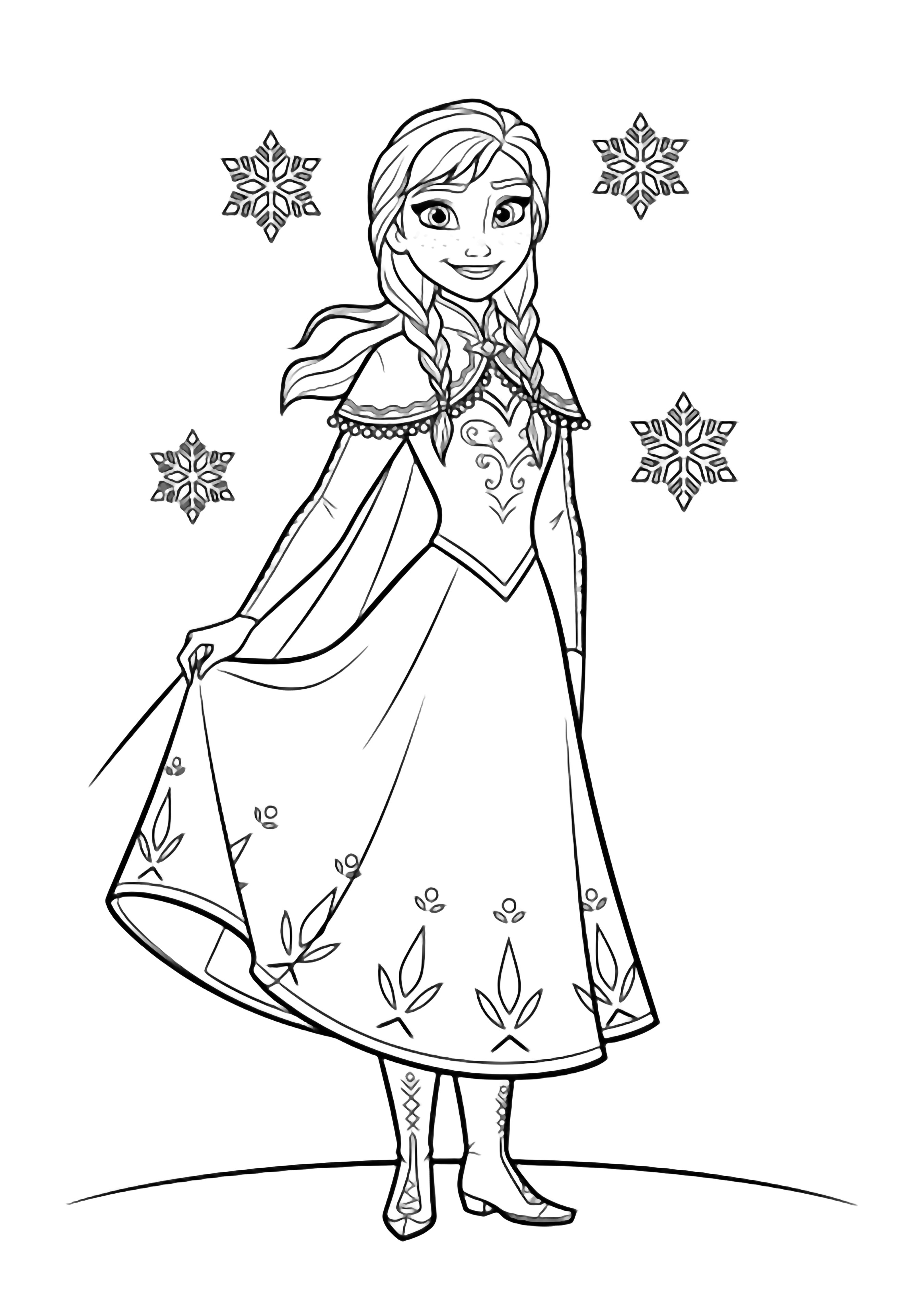 Anna smiling, lifting her dress hem, braids drifting, simple snowflakes drifting around her above a smooth ground kleurplaat