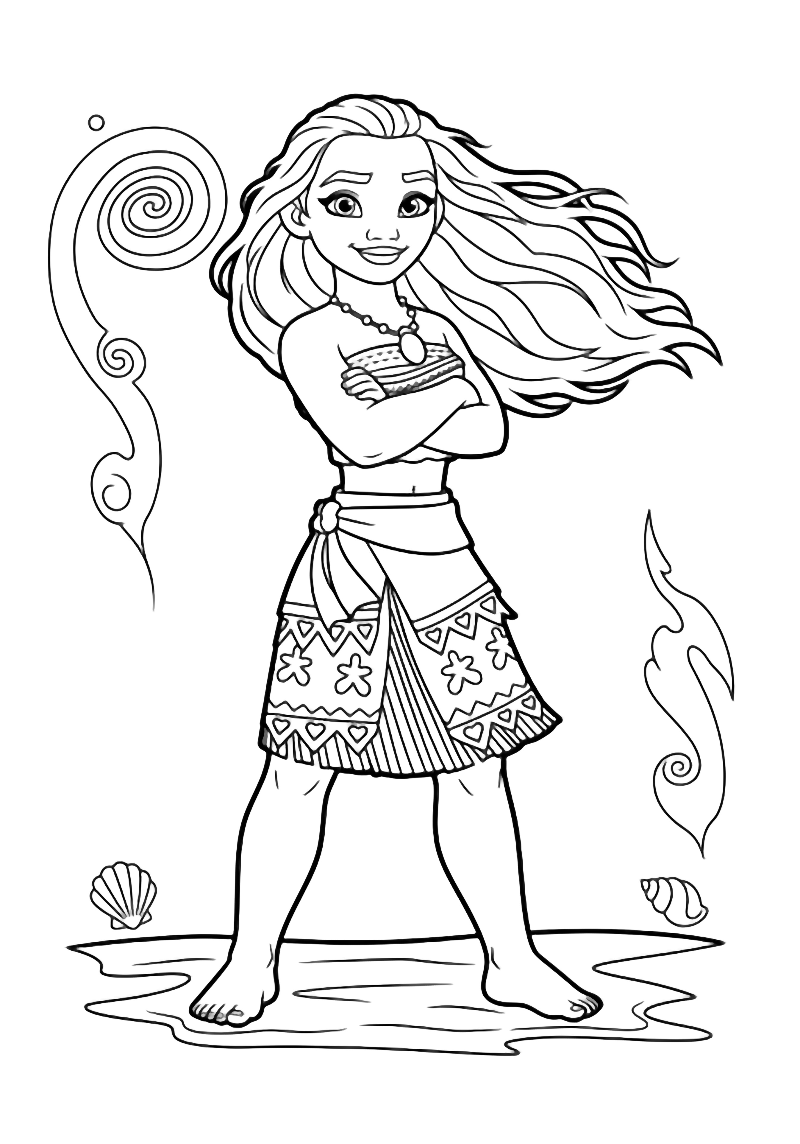 Moana staat blootsvoets op het strand, armen gekruist, kin omhoog, haar wapperend; oceaan draait en minimale schelpen omlijsten haar. kleurplaat