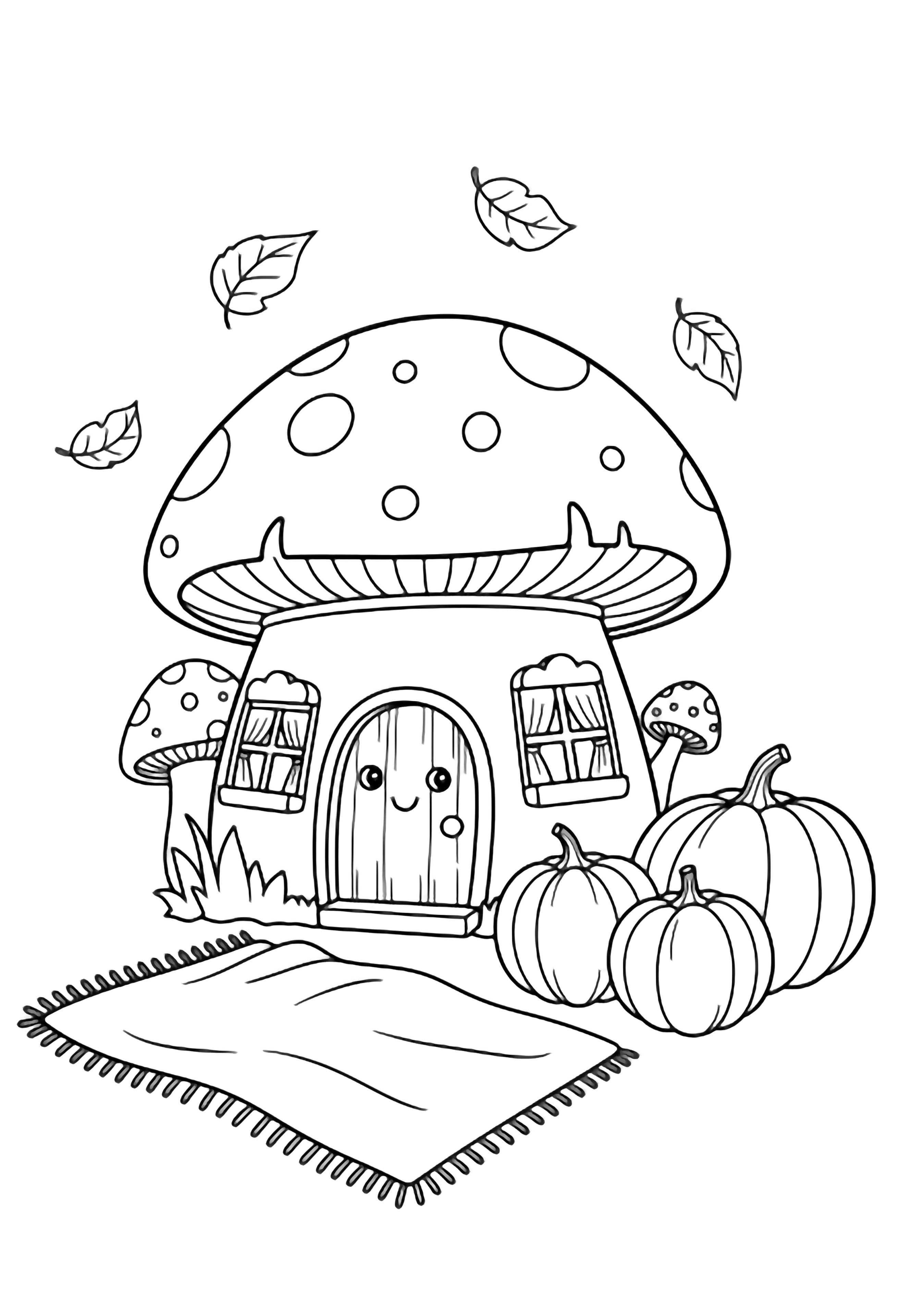 A smiling toadstool cottage with curtained windows, three pumpkins, a draped blanket, and drifting leaves. kleurplaat
