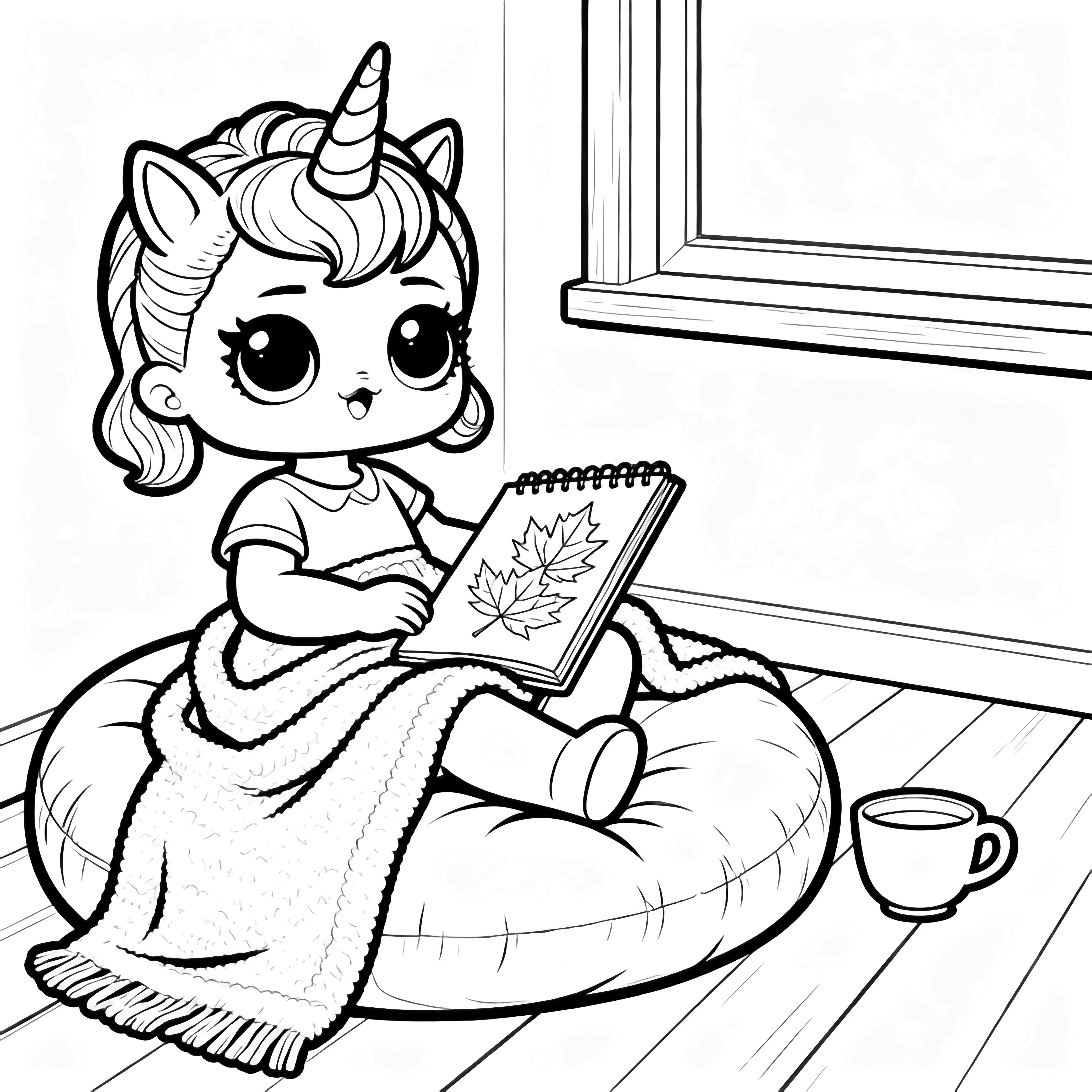 LOL Unicorn doll sits on a cushion, sketchbook of autumn leaves in lap, teacup beside her, near a window. kleurplaat