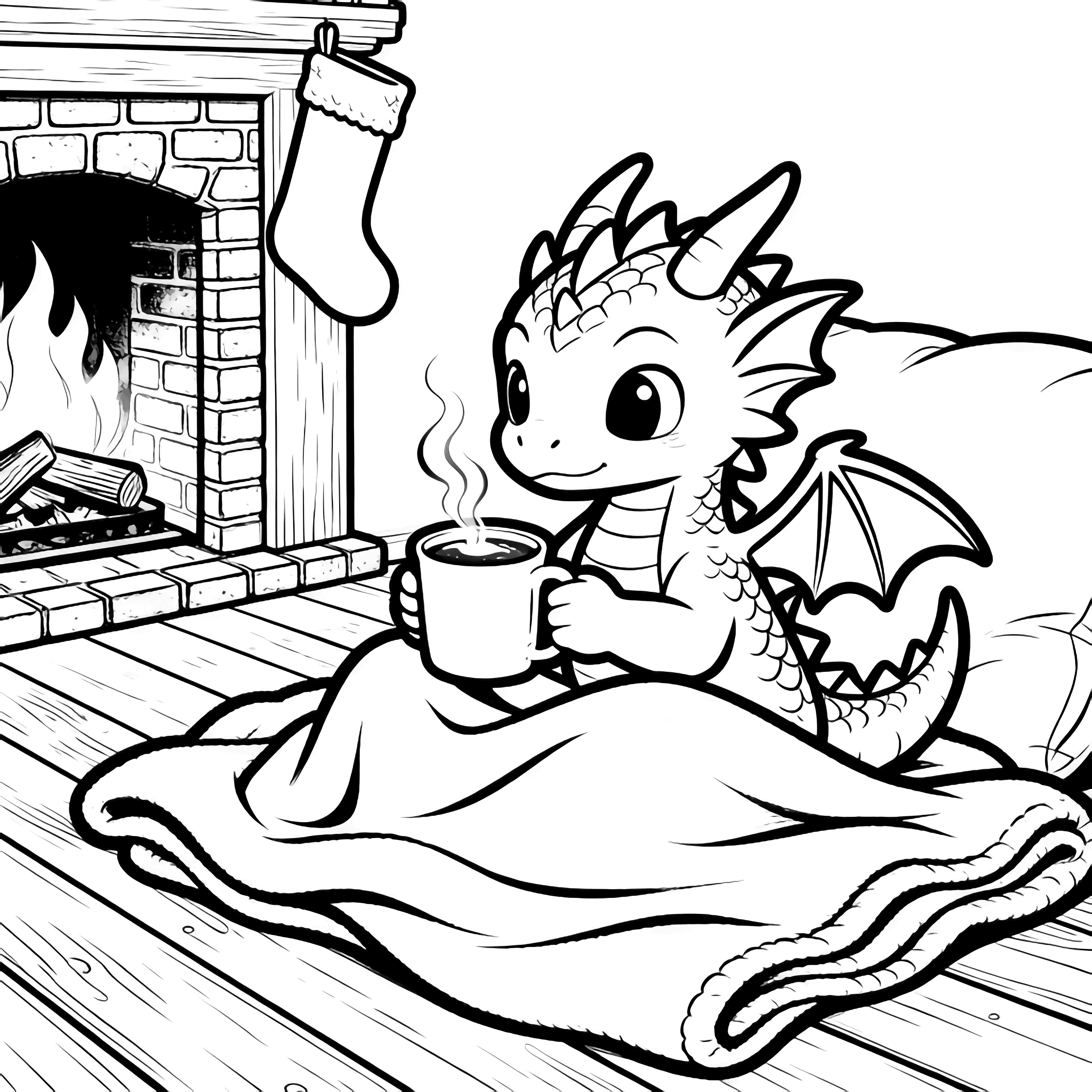 Baby dragon curled under a blanket, clutching a steaming cocoa mug beside a small brick fireplace, wooden floorboards, and a simple framed stocking. kleurplaat