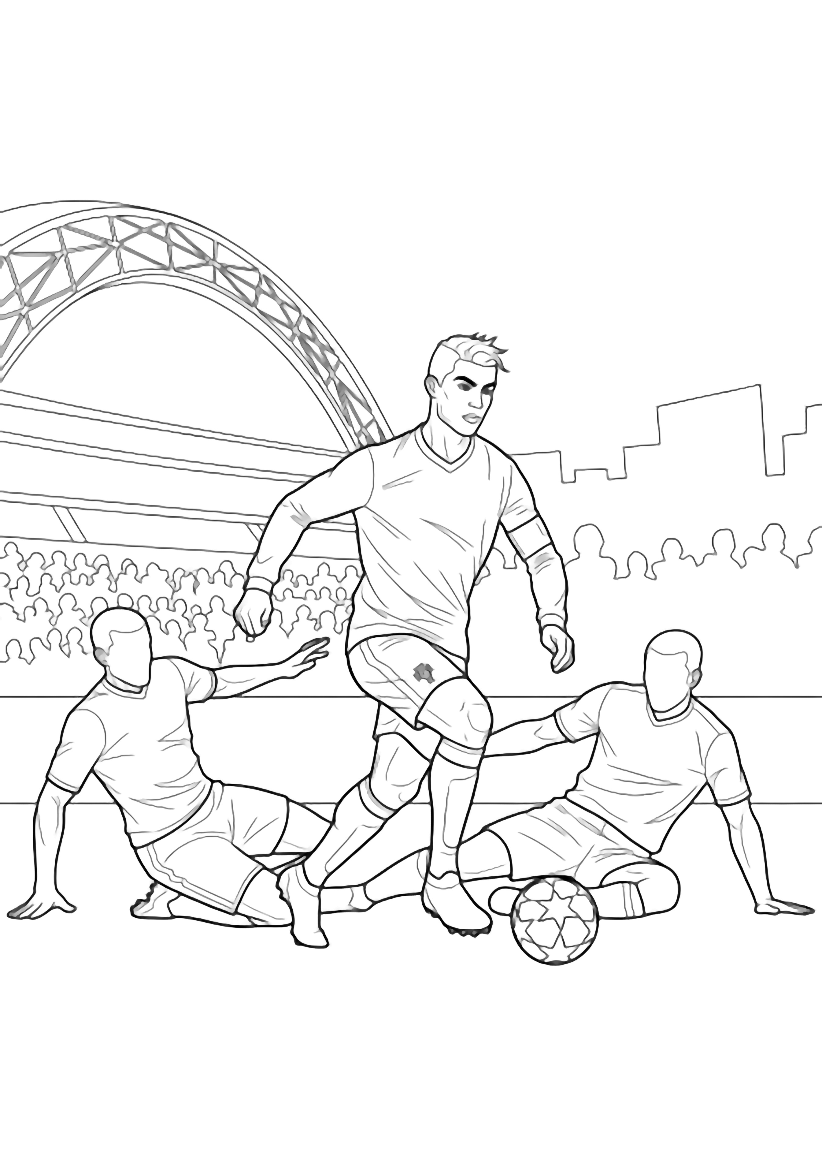 Ronaldo dribbles forward while two defenders slide behind him, framed by a stadium arch and distant crowd. kleurplaat