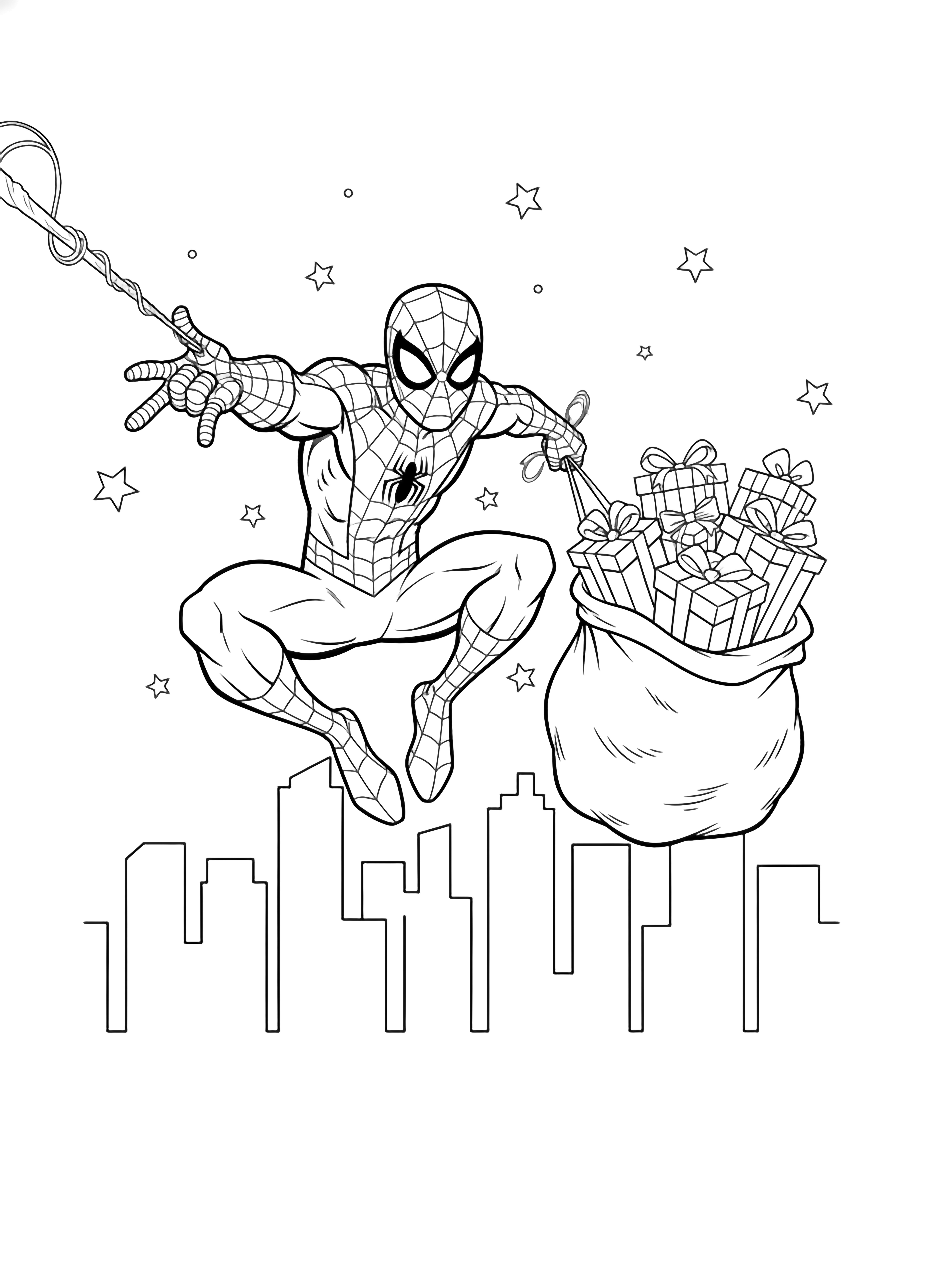 Spider-Man swings forward with a sack of presents dangling from his web-line, framed by a simple skyline of distant skyscrapers and stars. kleurplaat
