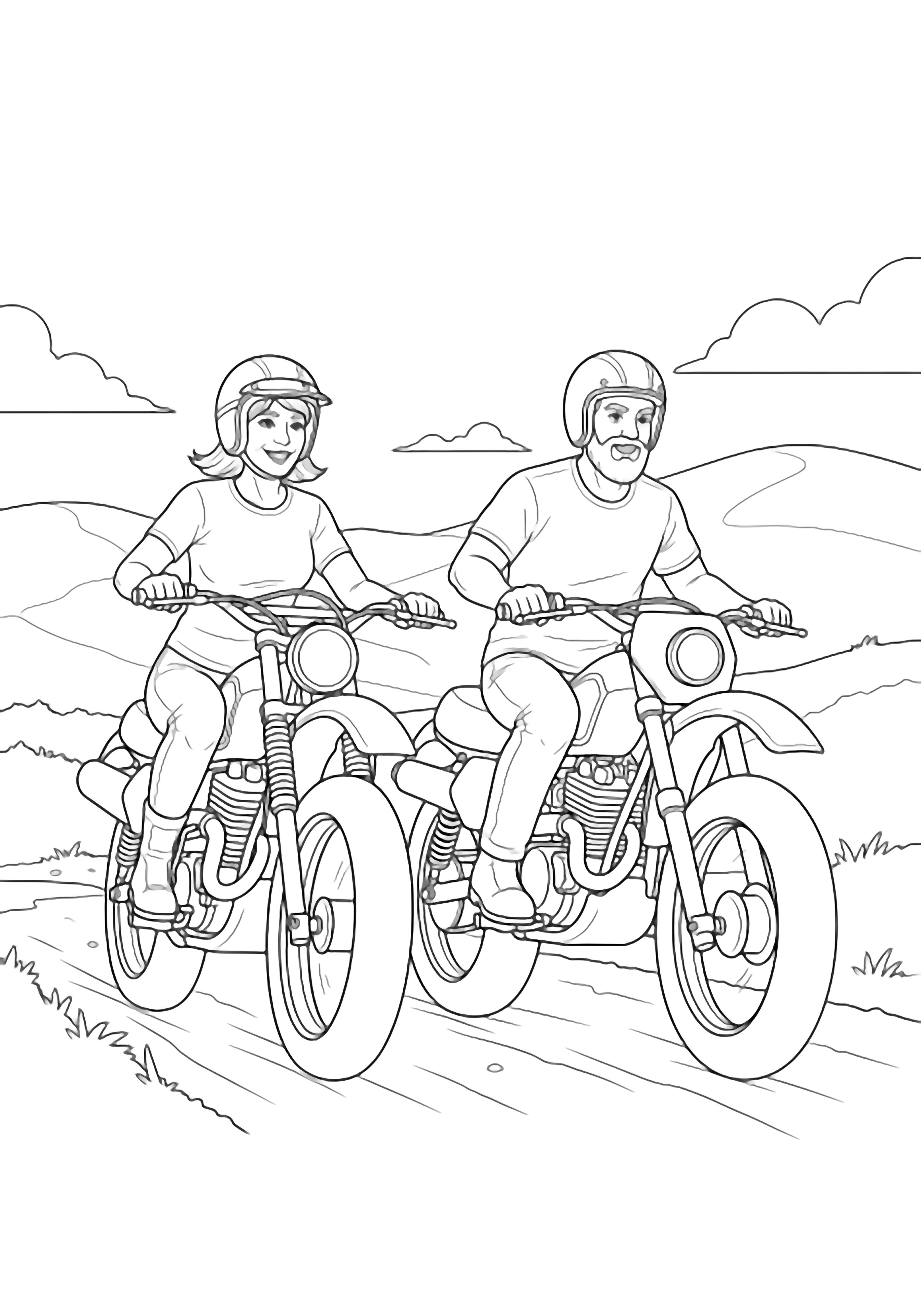 A smiling woman and a man ride bikes side by side on a dirt path, wearing helmets, gentle hills and clouds behind. kleurplaat