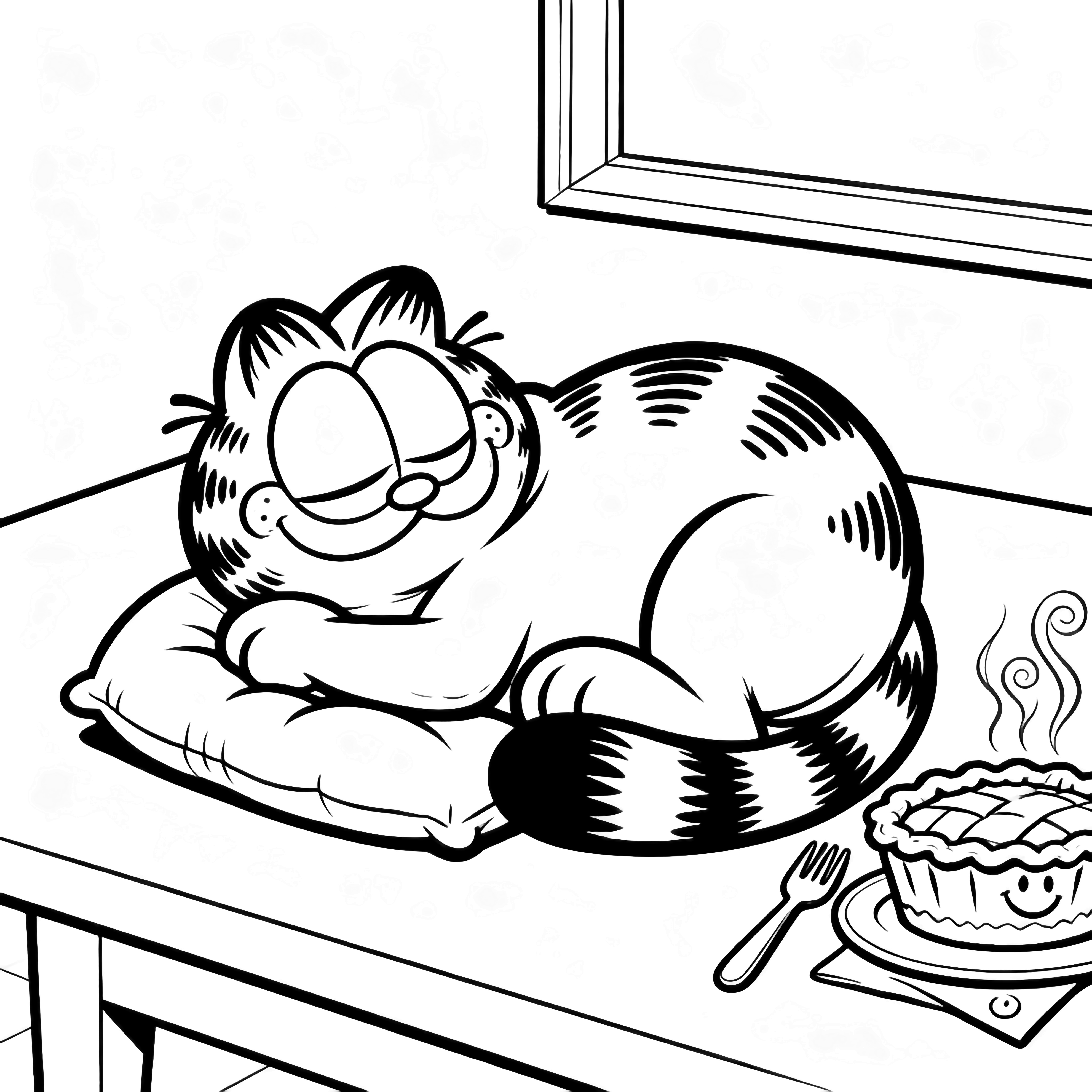 Garfield curled asleep on a cushion; whole pumpkin pie on plate with fork and smiley napkin on table beside him. kleurplaat