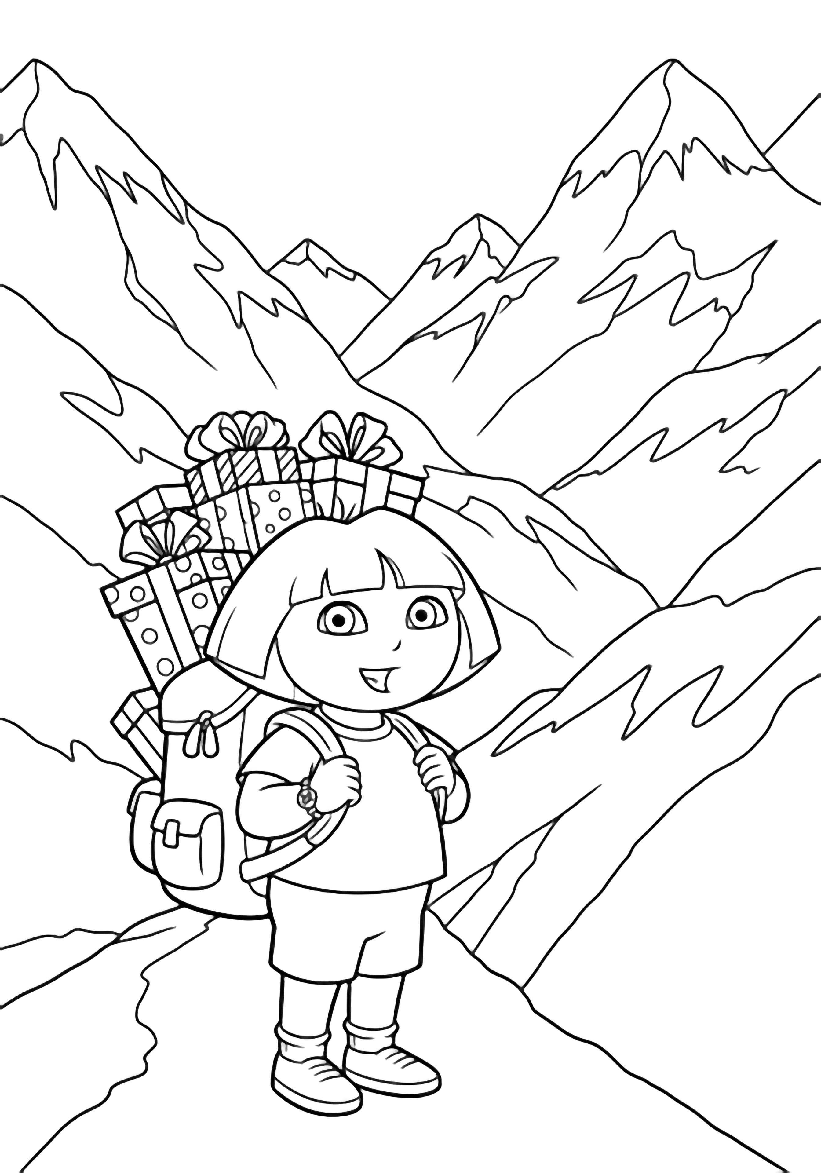 Dora smiles on a steep mountain path, large gift-laden backpack, jagged peaks and wavy snowdrifts behind. kleurplaat