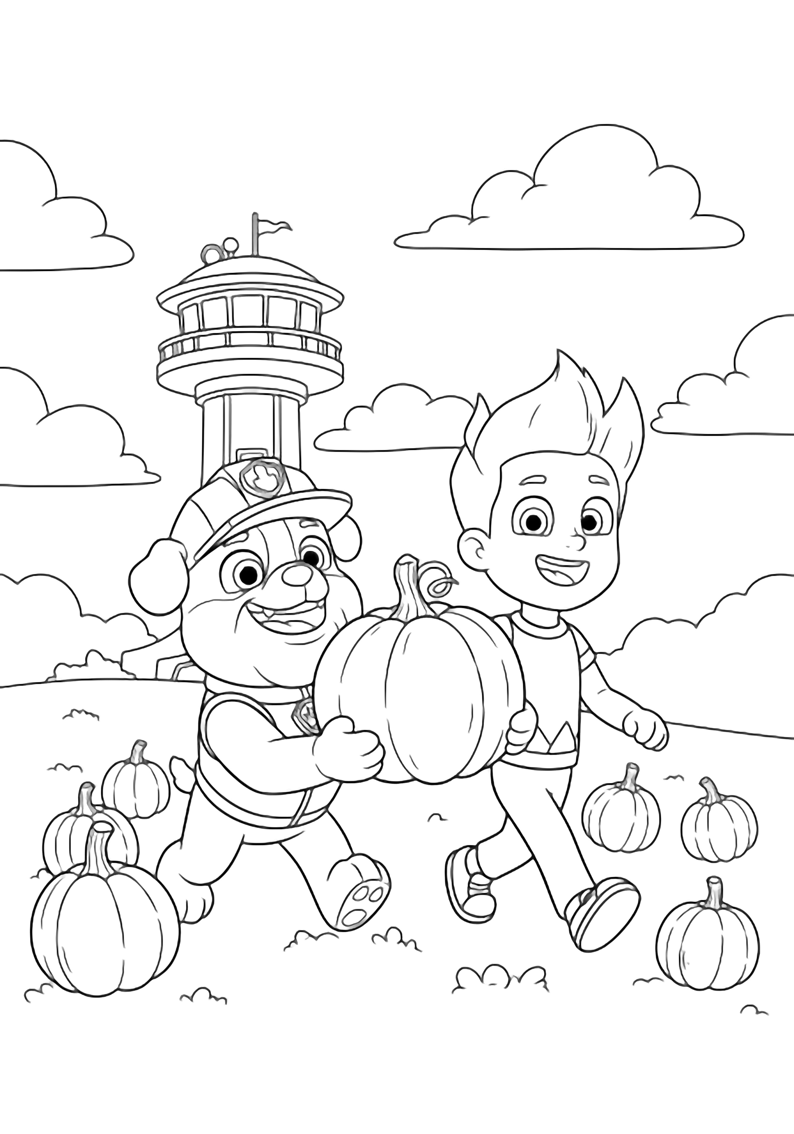 Rubble and Ryder carry a big pumpkin together toward the Lookout tower, smiling, with clouds above and small pumpkins on the ground. kleurplaat