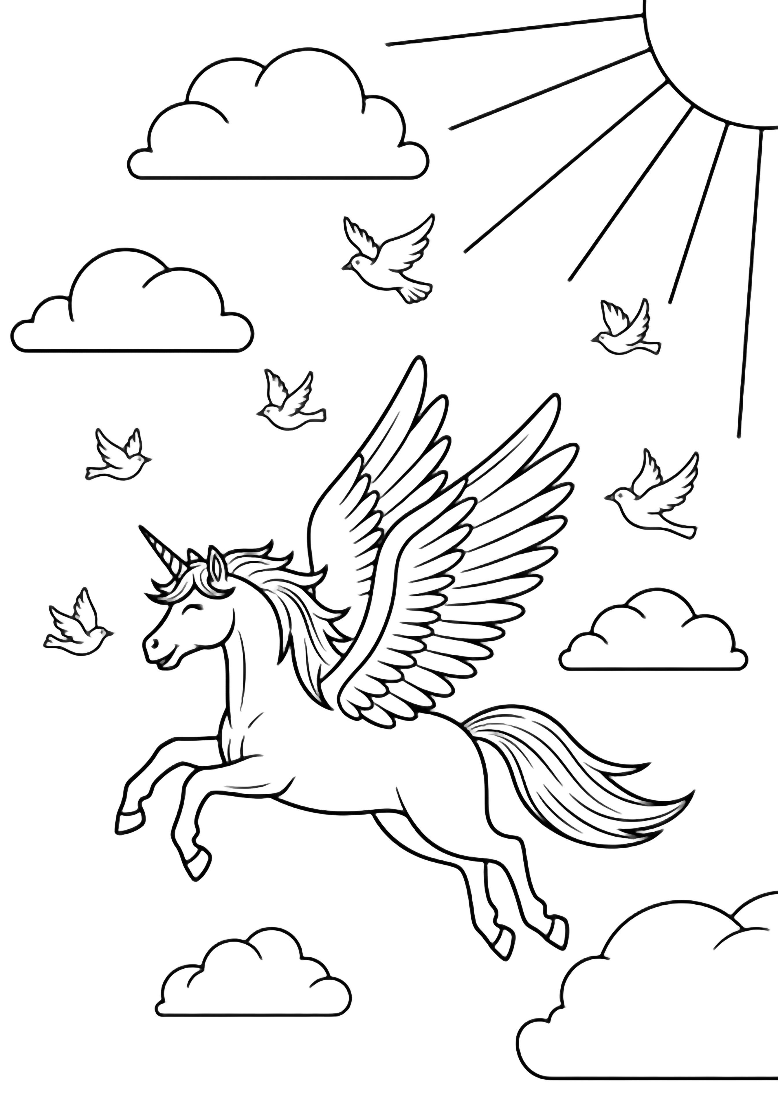 A smiling winged unicorn glides left while five small birds flutter nearby; puffy clouds and radiating sun rays frame the scene. kleurplaat