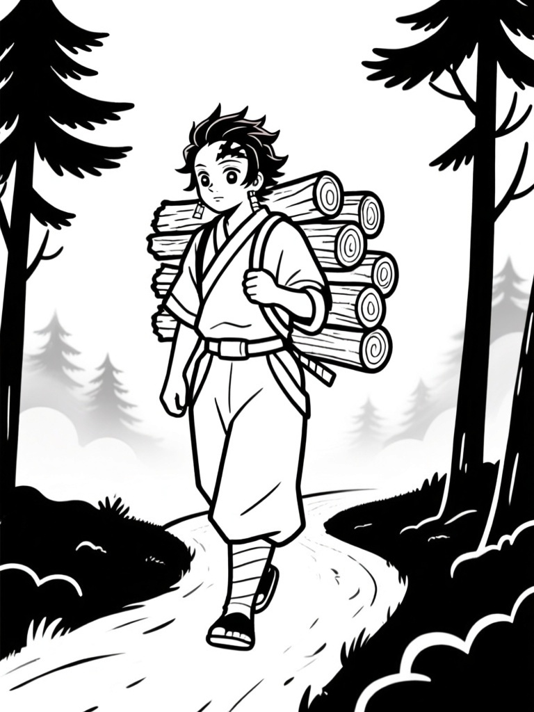 Tanjiro walks a forest trail with a neat pile of firewood on his back, pines and mist around him. kleurplaat