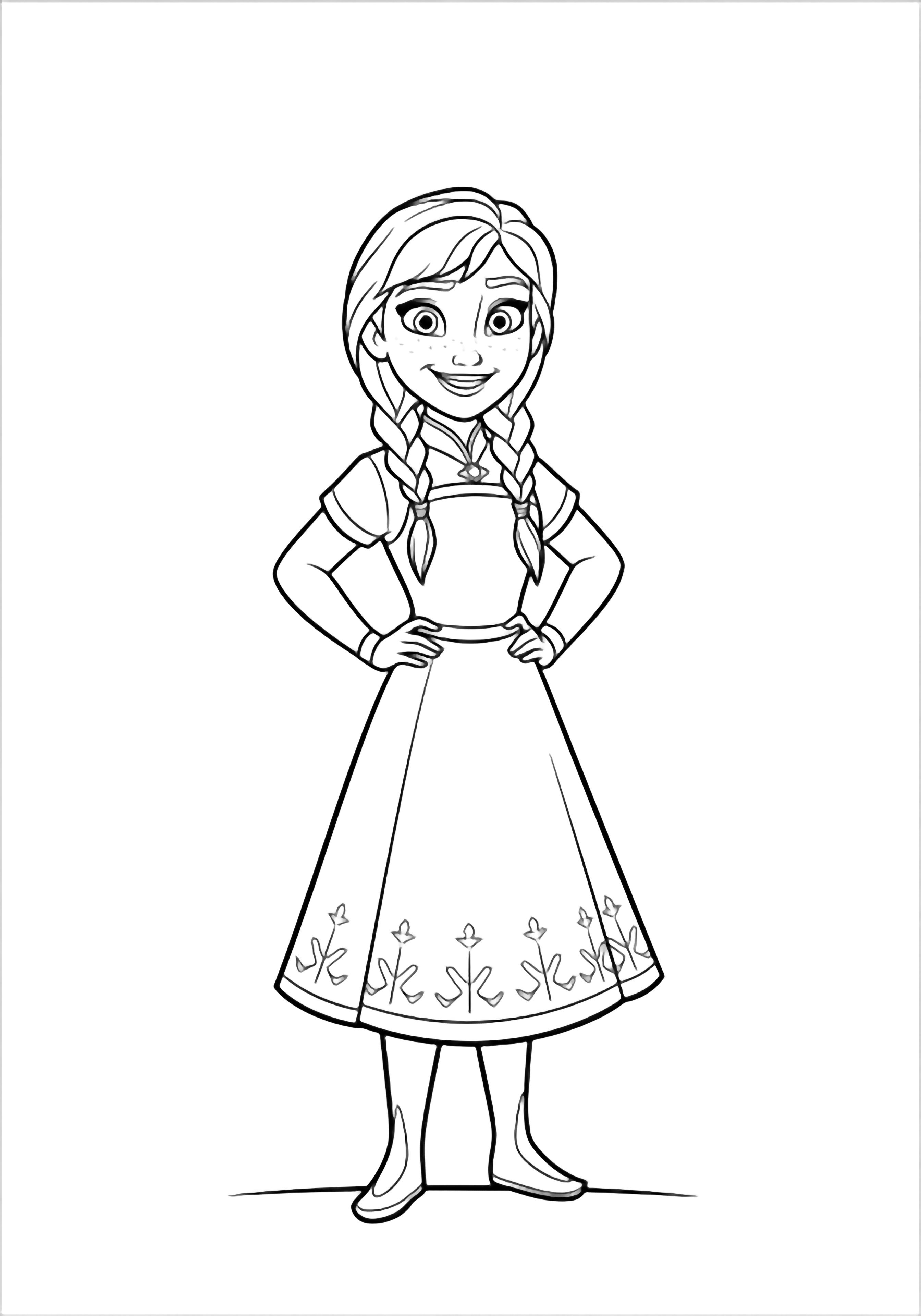 A cheerful little girl with pigtails, hands on hips, wearing a simple dress, standing on a single ground line against an empty background. kleurplaat