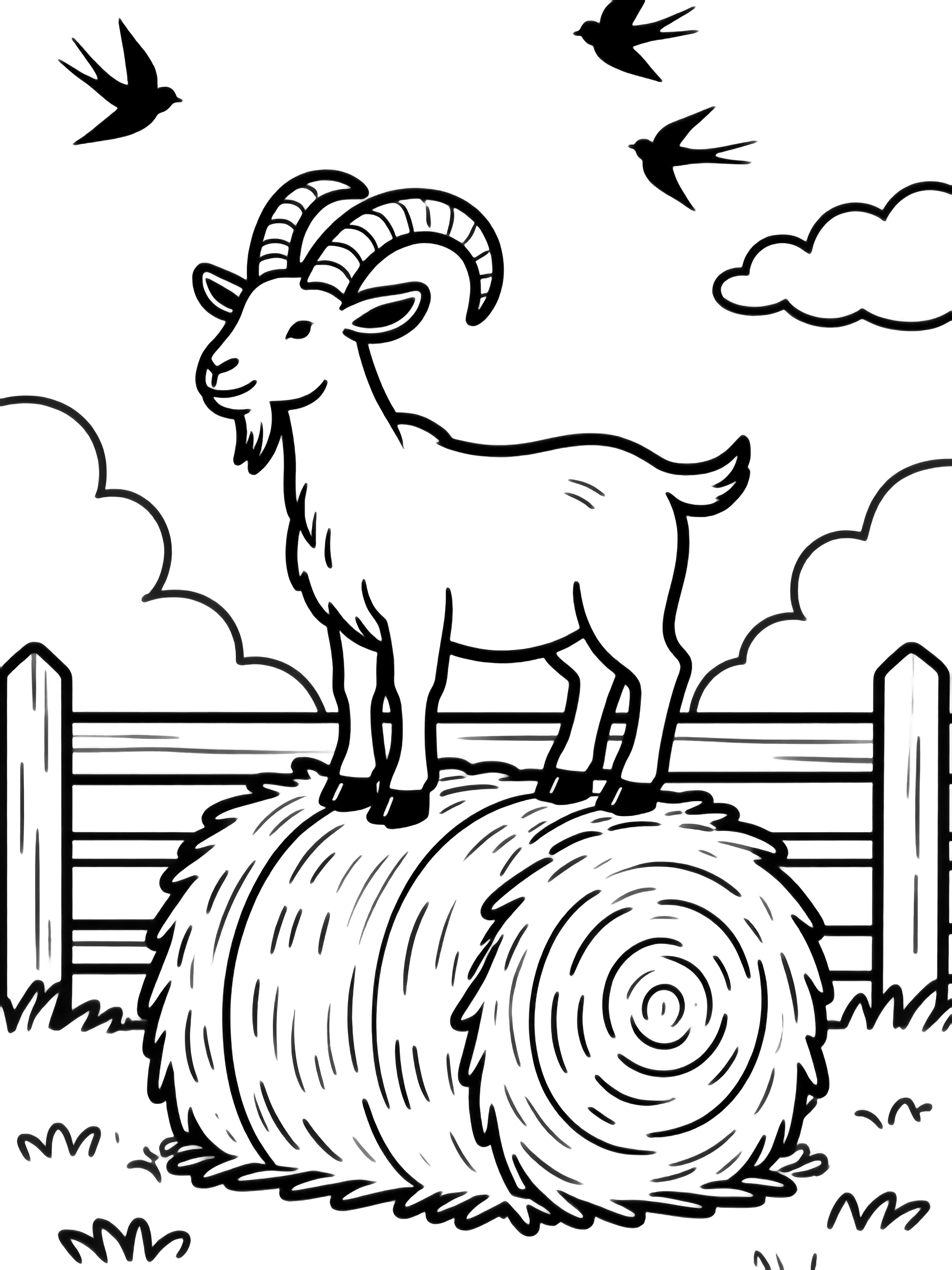 A proud goat with curved horns stands on a hay bale while birds glide above a farm fence beneath fluffy clouds. kleurplaat