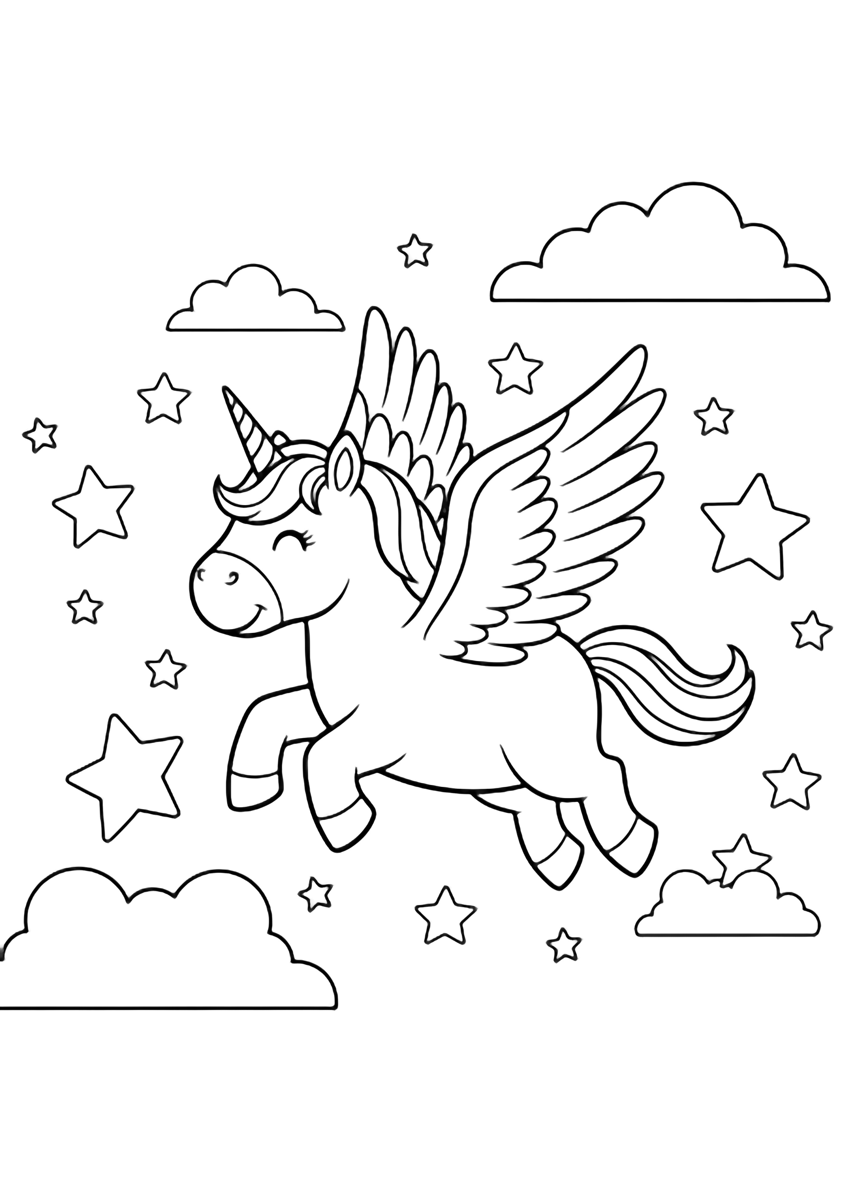 A smiling unicorn with open wings glides among star-shaped clouds and tiny five-point stars. kleurplaat