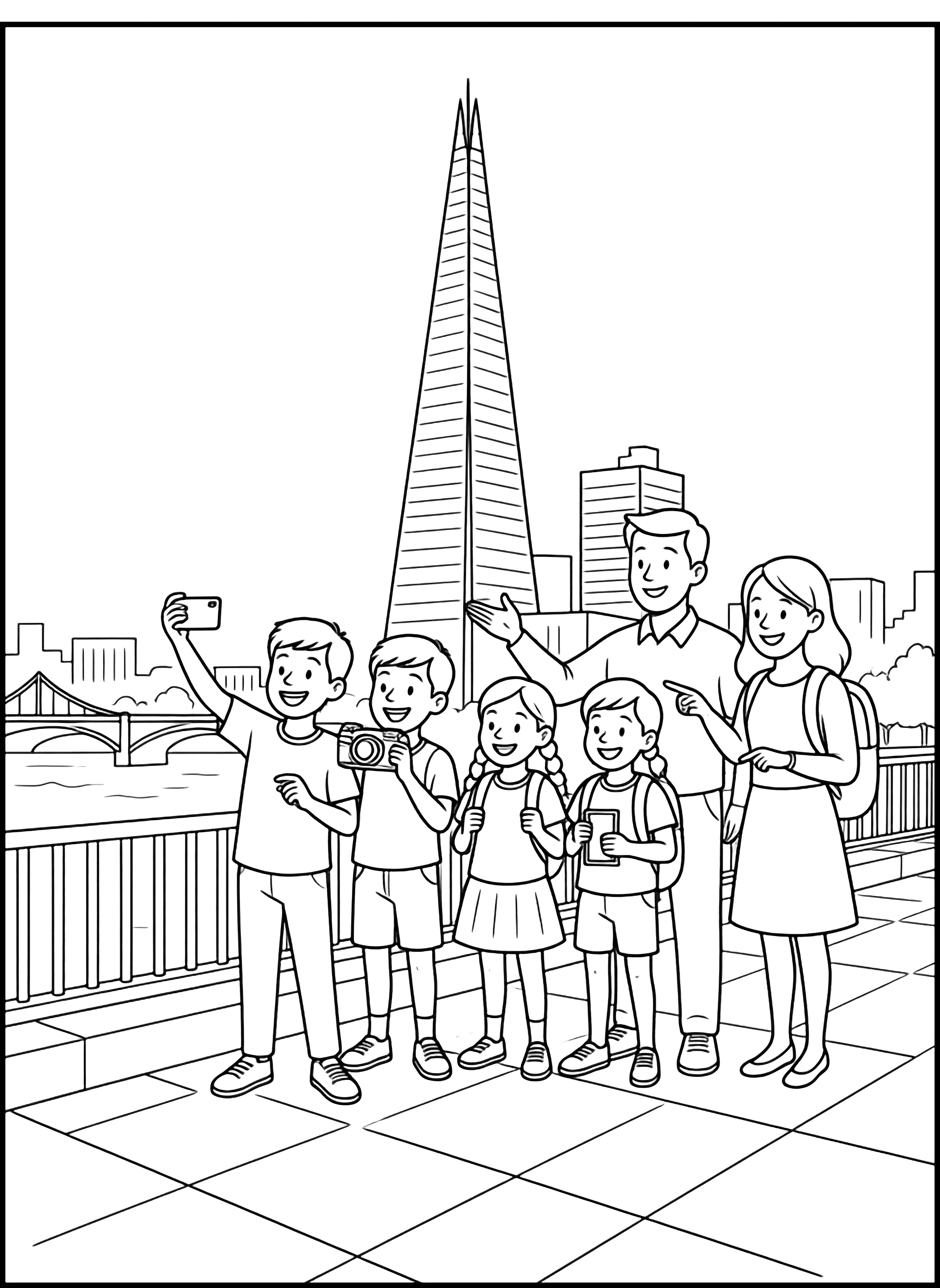 illustration on a Five children and one guide stand on the Thames embankment facing The Shard; one child holds a camera at neck another raises a phone for a selfie; all outlined in bold black only white inside no shading clean black kleurplaat
