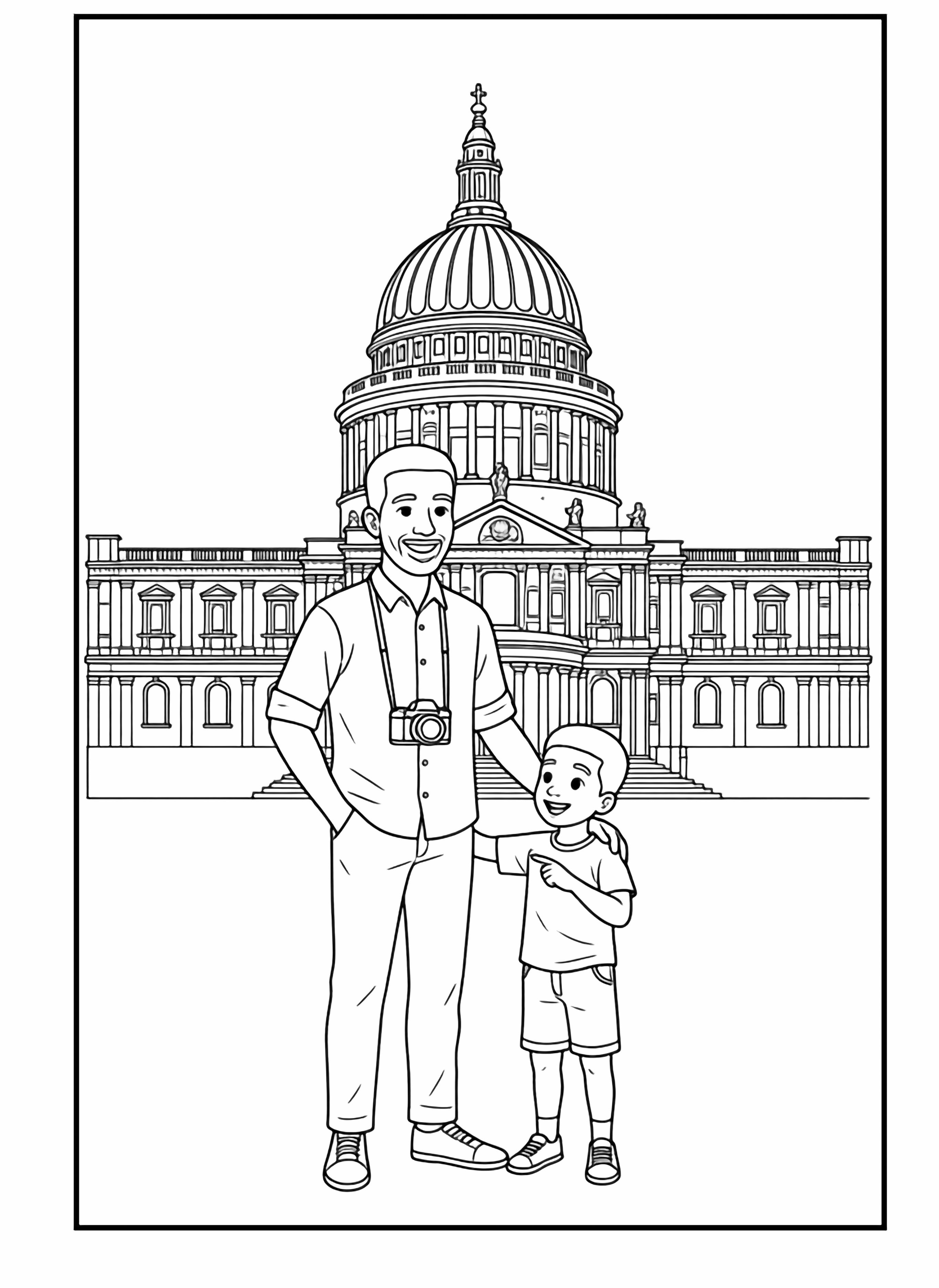 A black and white page illustration of a joyful African father and his young son on vacation in London They stand proudly in front of the magnificent St Paul's Cathedral with its iconic dome rising majestically behind them The father wears a smart button up shirt with rolled sleeves casual trousers and a camera hanging clean black and white line drawing minimal shading no colour no fill kleurplaat