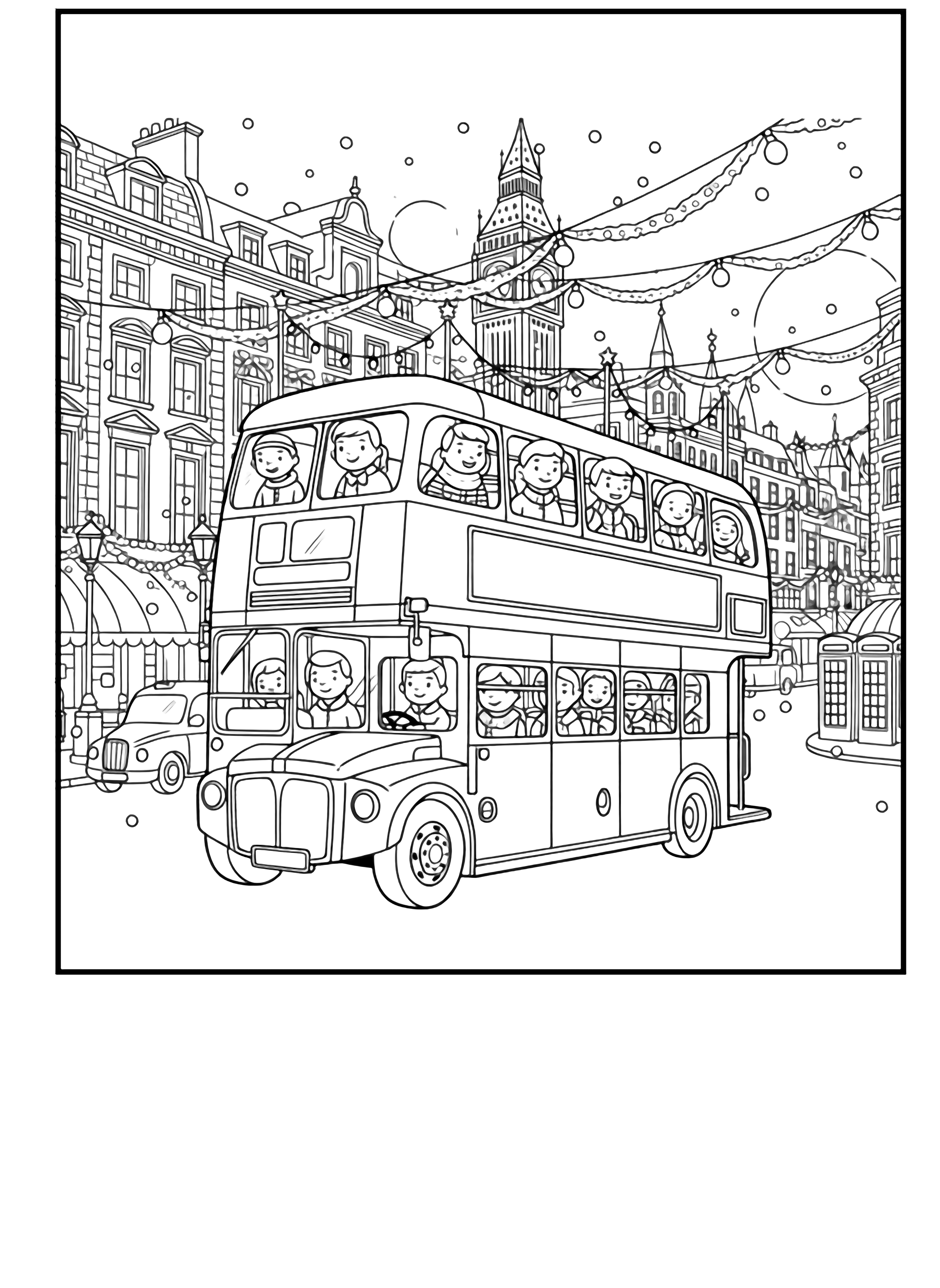 A festive double decker bus, decorated with string lights, carries happy children waving from the upper deck, ready for a activity. kleurplaat