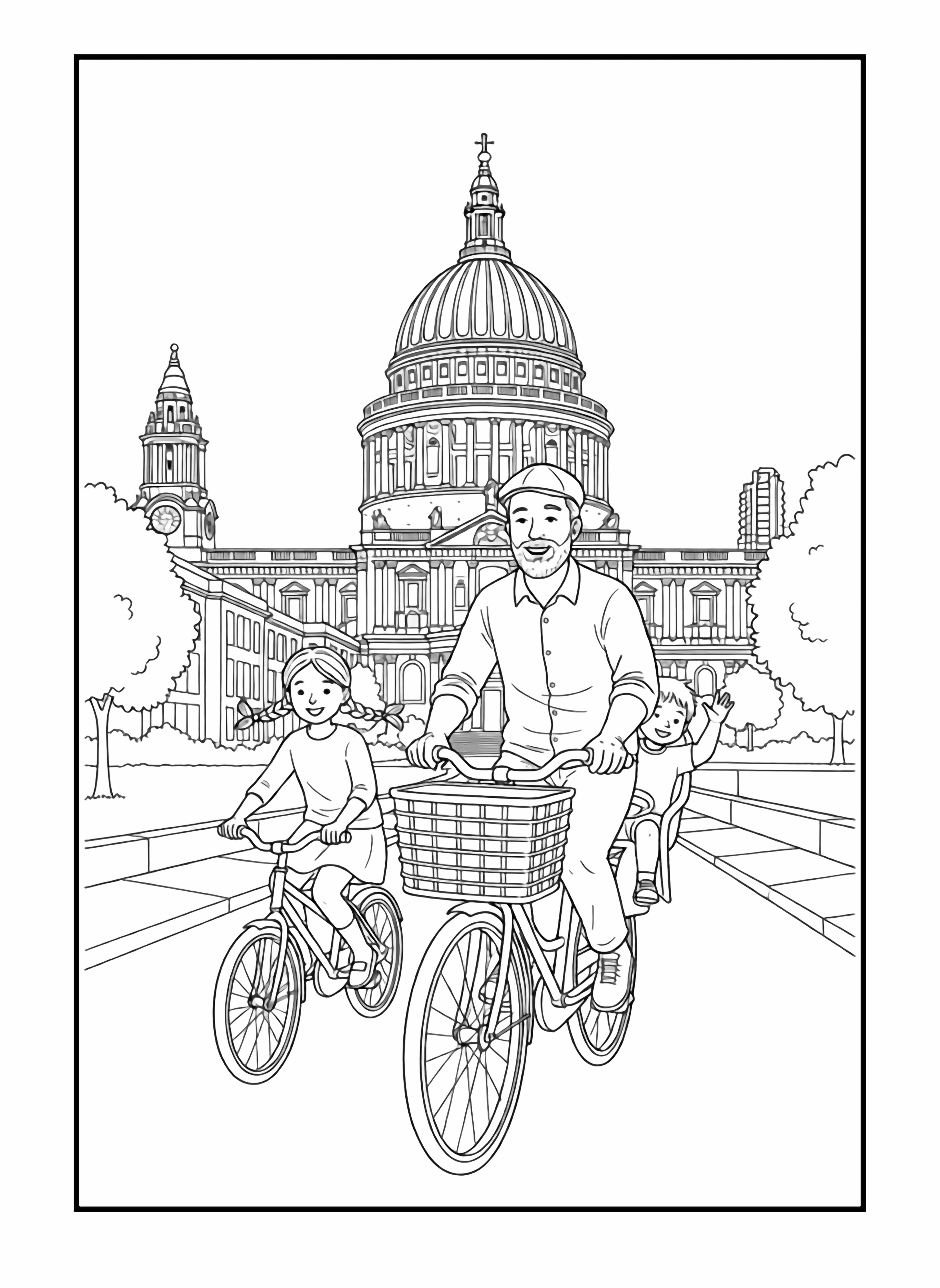 A cheerful black and white page showing a happy father and his two children taking a bicycle ride past the grand St Paul's Cathedral in London The father has a neat beard and wears a flat cap riding a classic bicycle with a large front basket His daughter rides alongside on a smaller bike her hair in playful bra clean black and white line drawing minimal shading no colour no fill kleurplaat