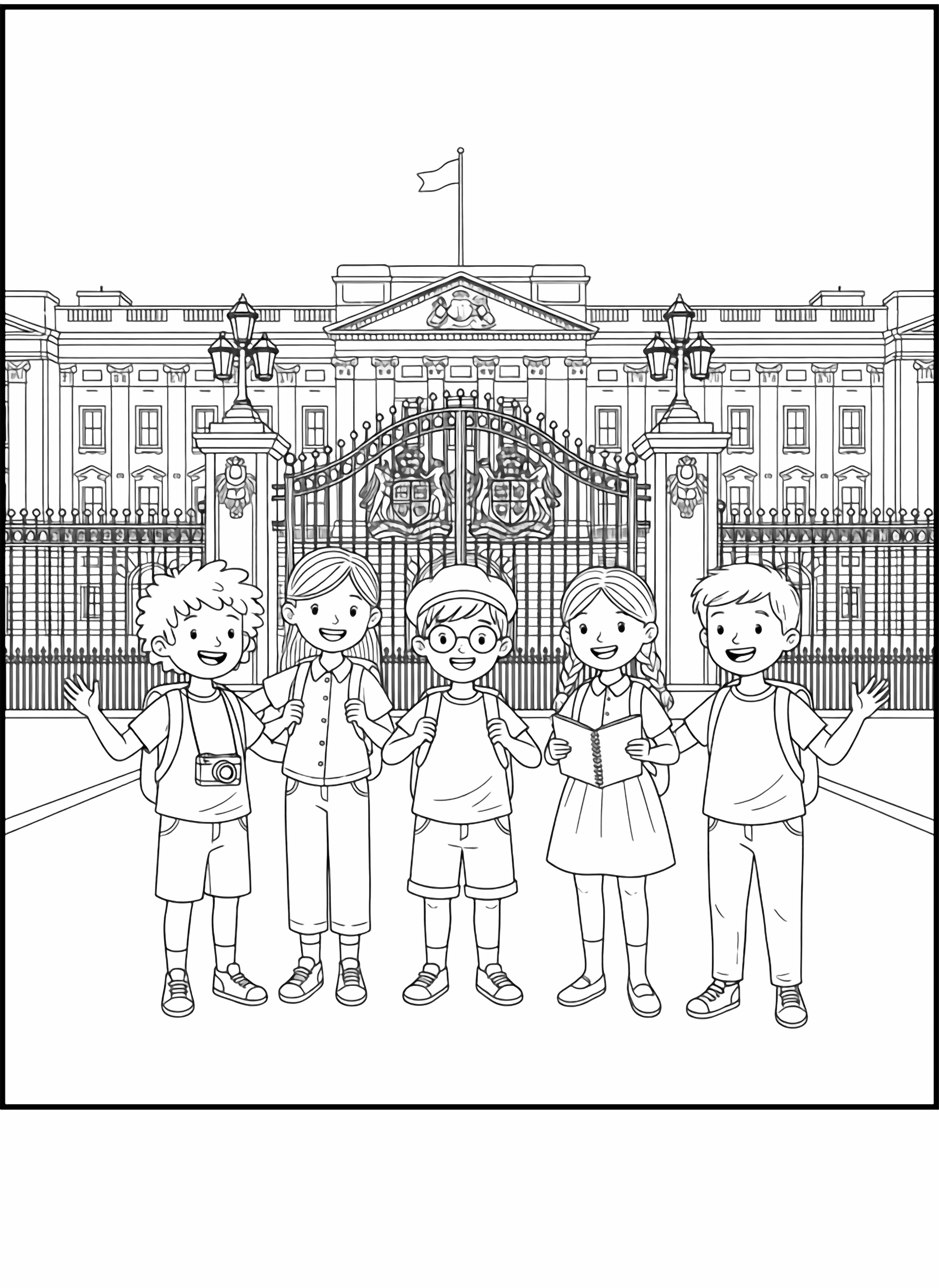 A cheerful black and white page showing five excited children from different parts of the world standing together outside the gates of Buckingham Palace Each child has unique features one has curly hair and carries a small camera another wears a tiny berrette and holds a sketchbook They wear simple travel clothes with backpacks and one clean black and white line drawing minimal shading no colour no fill kleurplaat