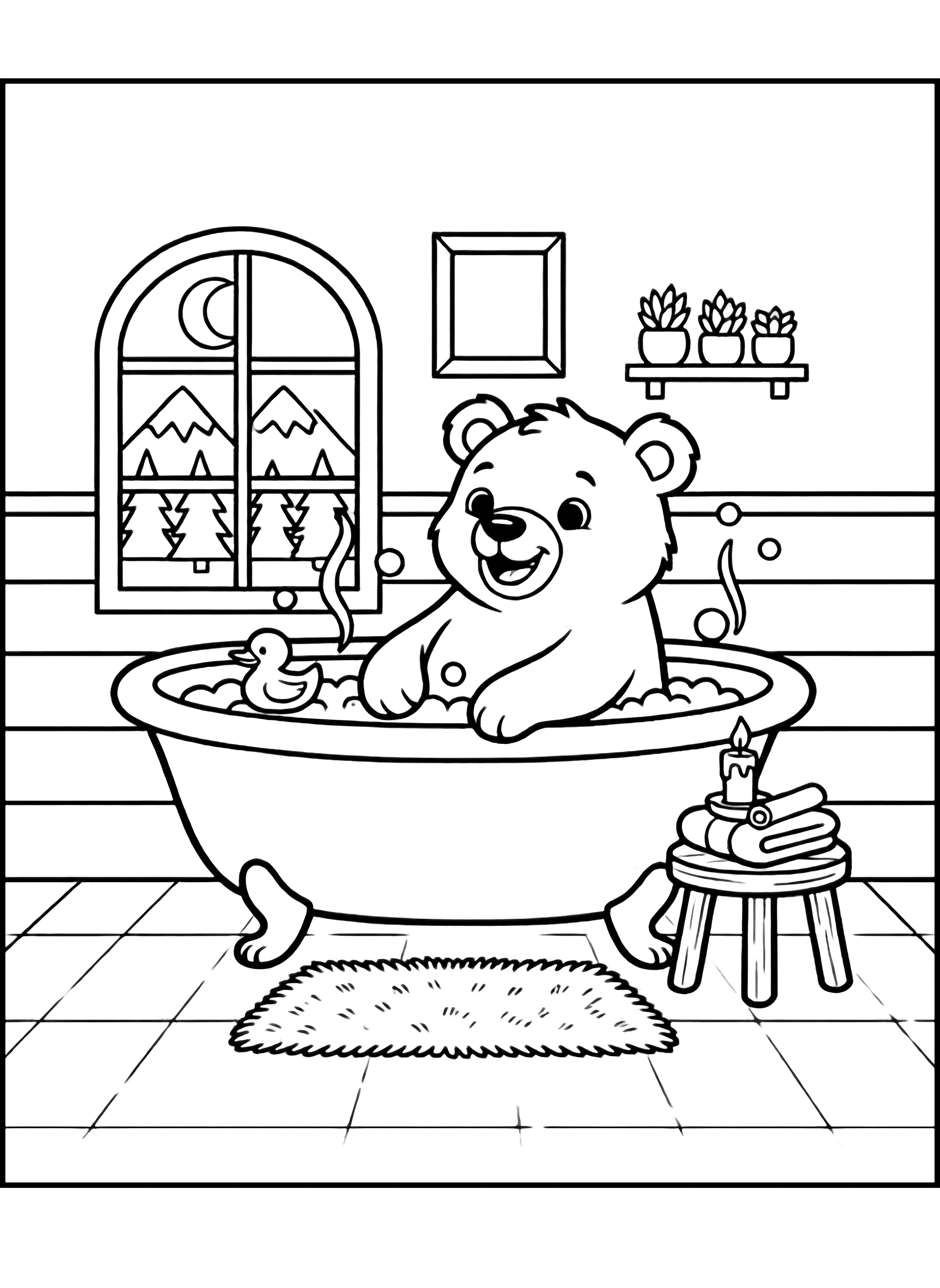 illustration on a A smiling baby bear sits in a round bathtub near a window; simple framed mountains show outside Steam curls a rubber duck floats and a little stool holds a towel; all in bold open outlines clean black kleurplaat