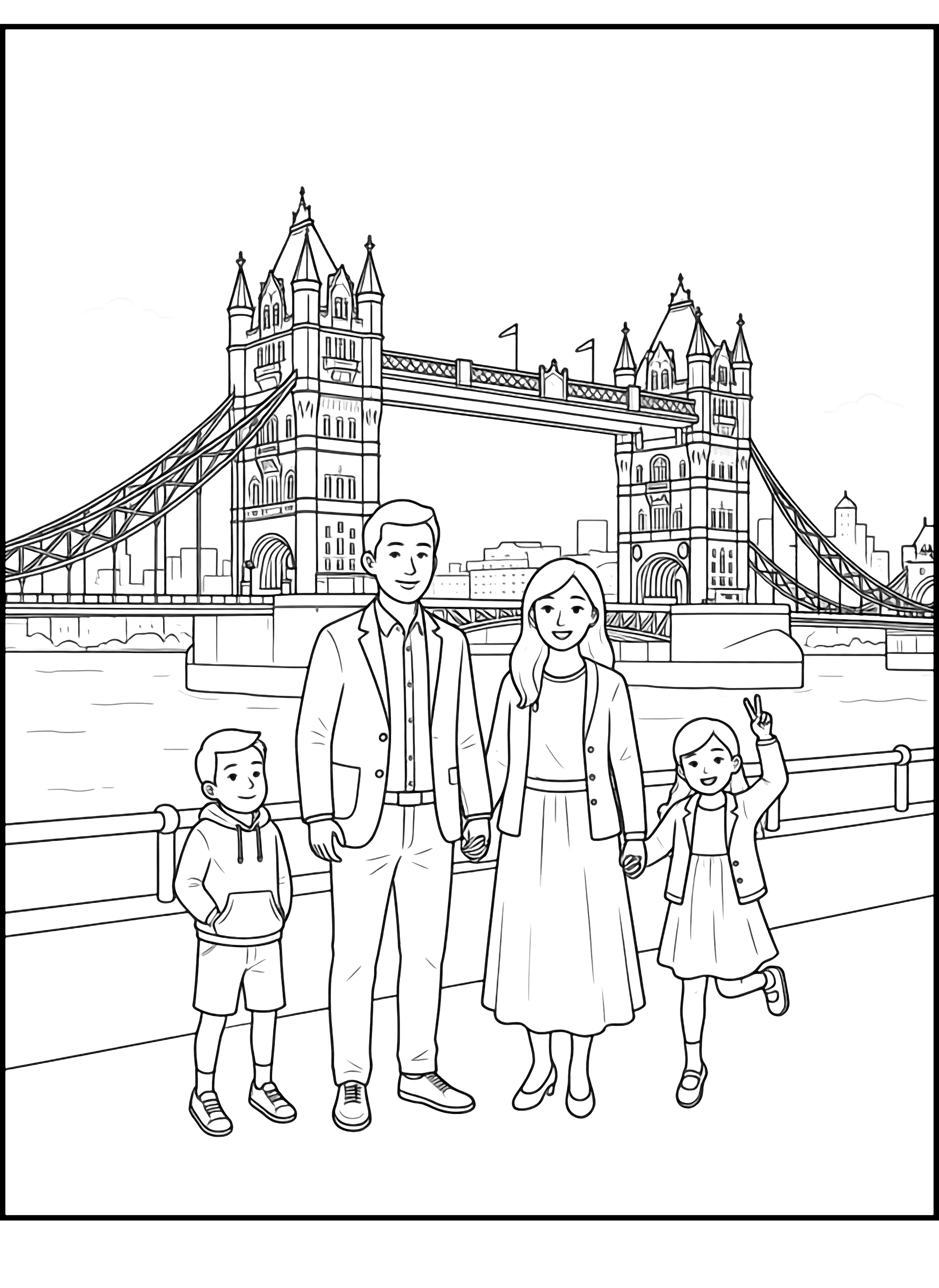 A black and white page showing a happy Chinese family of four visiting Tower Bridge in London The parents smile warmly while holding hands dressed in comfortable travel clothes with simple details like buttons and pockets Their two children a boy and a girl excitedly point at the iconic bridge with its distinctive twin towers and suspension clean black and white line drawing minimal shading no colour no fill kleurplaat