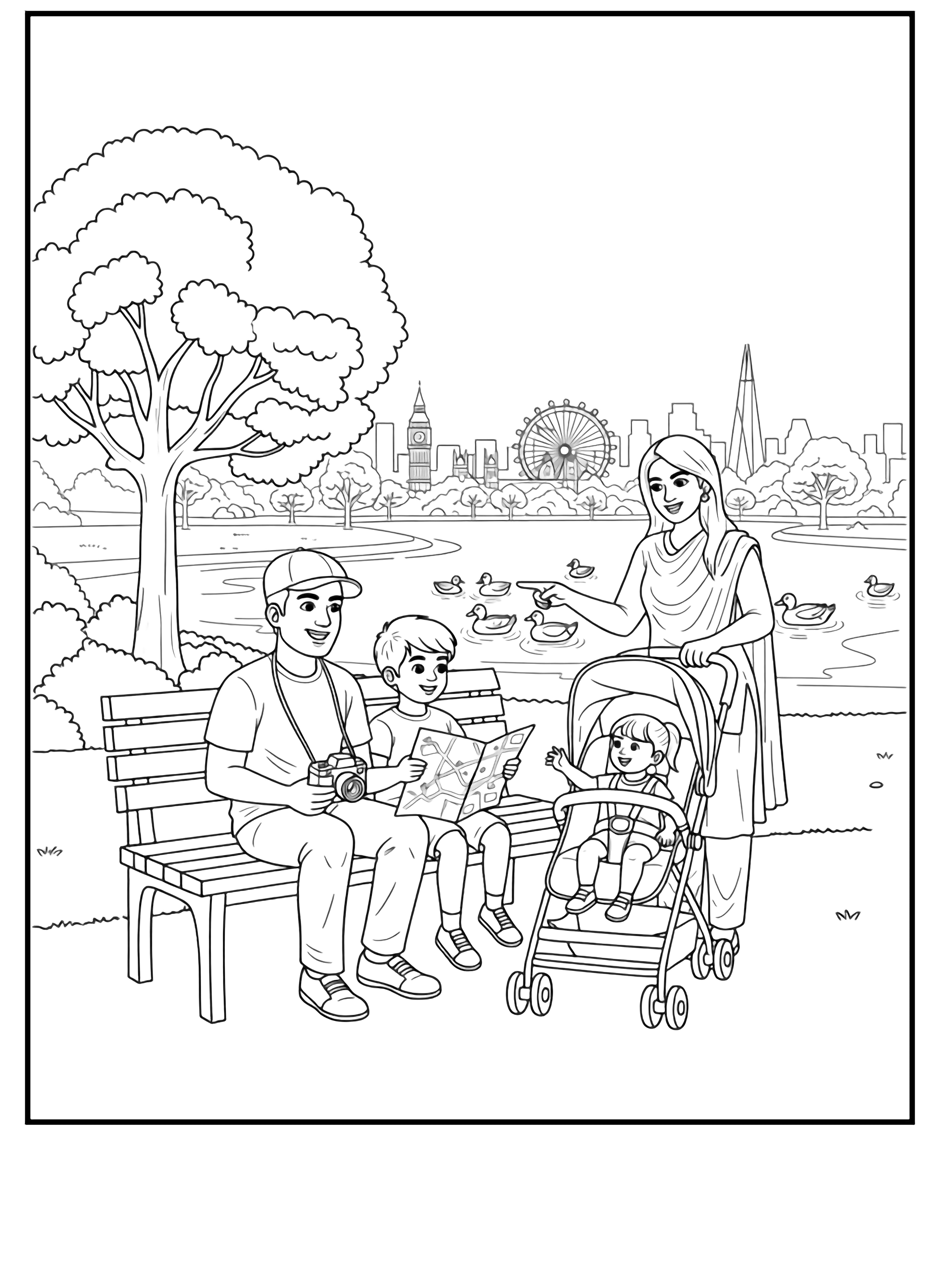 illustratie op een glimlachende Indiase familie in Londen: ouders, twee kinderen, kinderwagen, schetsen van St James's Park, meer, eenden, bomen, eenvoudige skyline, dikke zwarte omlijningen, overal witte ruimtes, schoon zwart kleurplaat