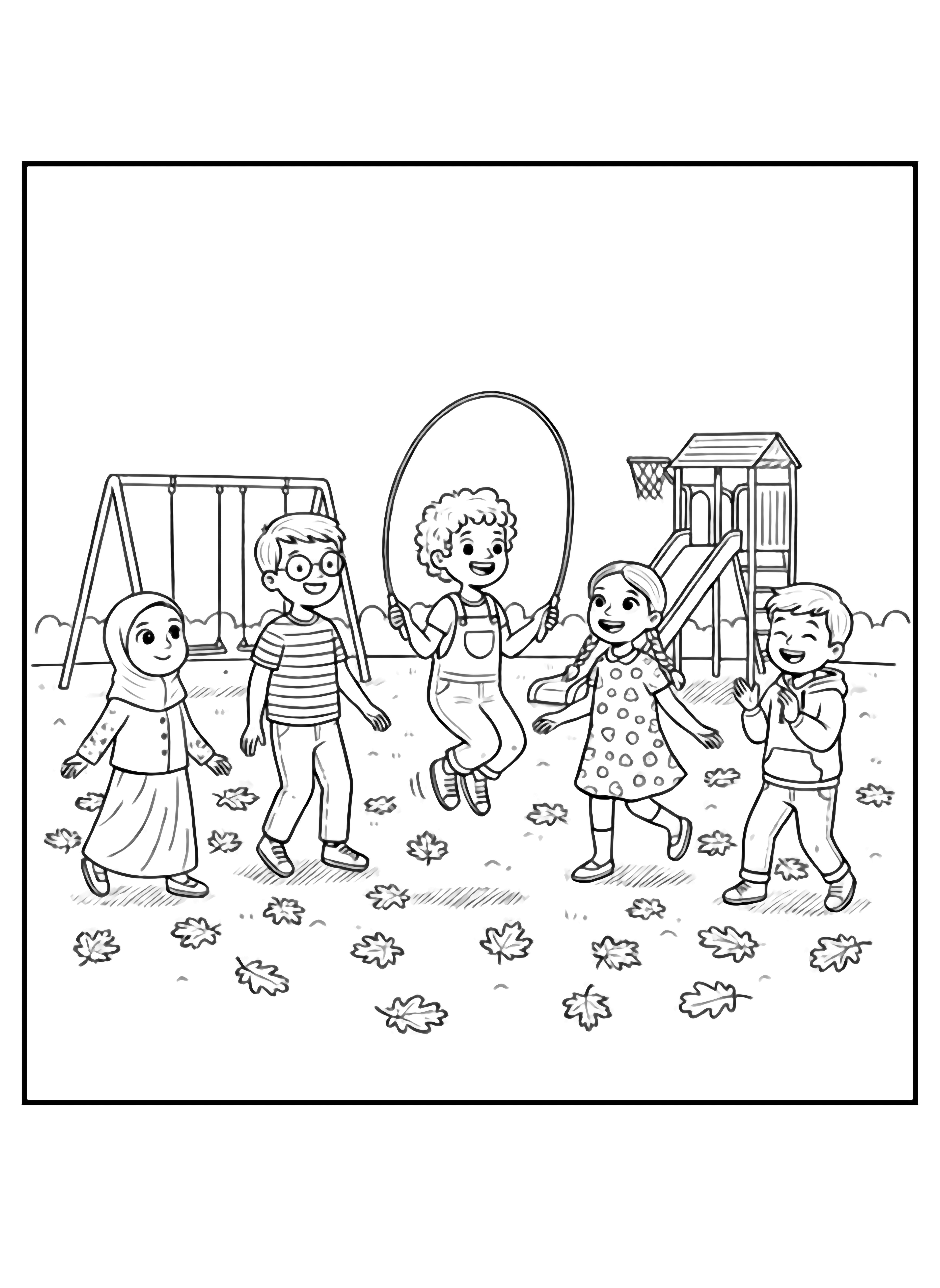 A black and white illustration of joyful children with diverse appearances and backgrounds playing jump rope together in the schoolyard Each child has unique features different hairstyles clothing styles and cheerful expressions showing the beauty of diversity They take turns jumping rope while others cheer them on The scene includes simple playground equipment in the clean black and white line drawing minimal shading no colour no fill kleurplaat
