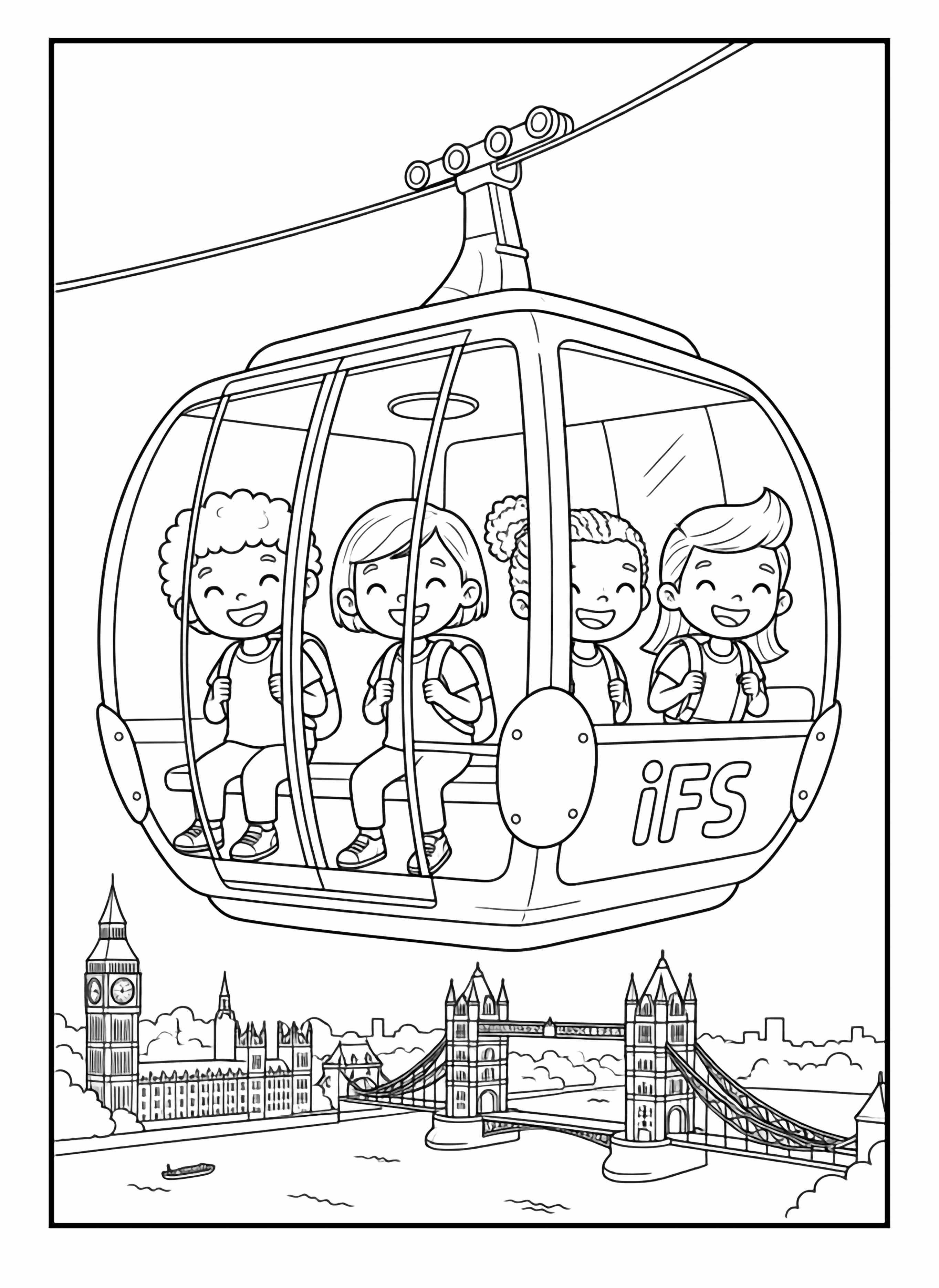 A cheerful black and white page showing four happy children each with different hair types face shapes and little flags on their backpacks riding in an IFS sky gondola high above London The glass wrapped cabin has playful "IFS" logos on its sides and generous windows that frame the Thames below clean black and white line drawing minimal shading no colour no fill kleurplaat