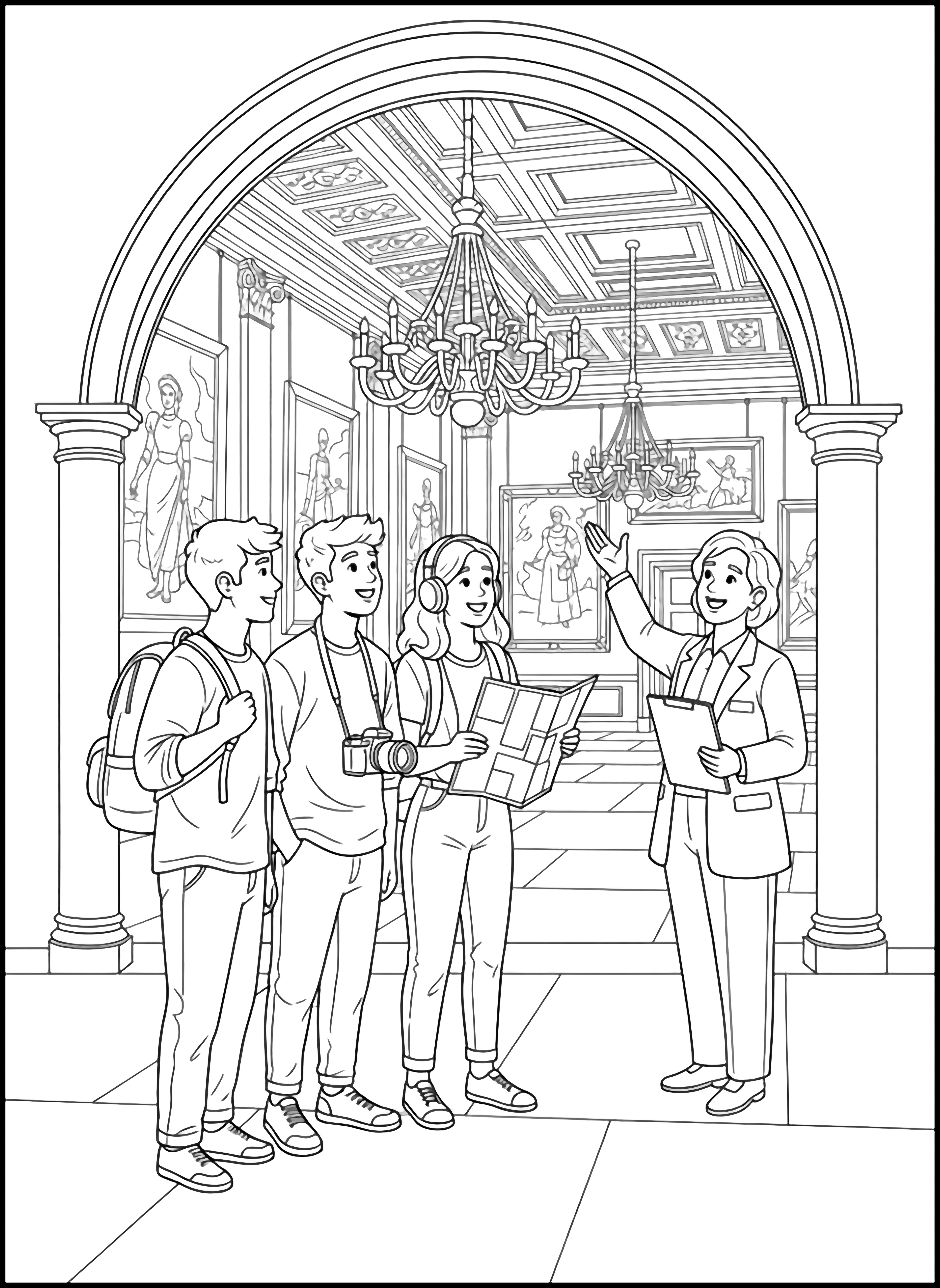 illustration on a Four smiling teens one with backpack one with camera one with headphones one with map stand in a row inside a grand arched hallway of Kensington Palace looking up at a cheerful guide holding a clipboard simple pillars and windows outlines behind them clean black kleurplaat