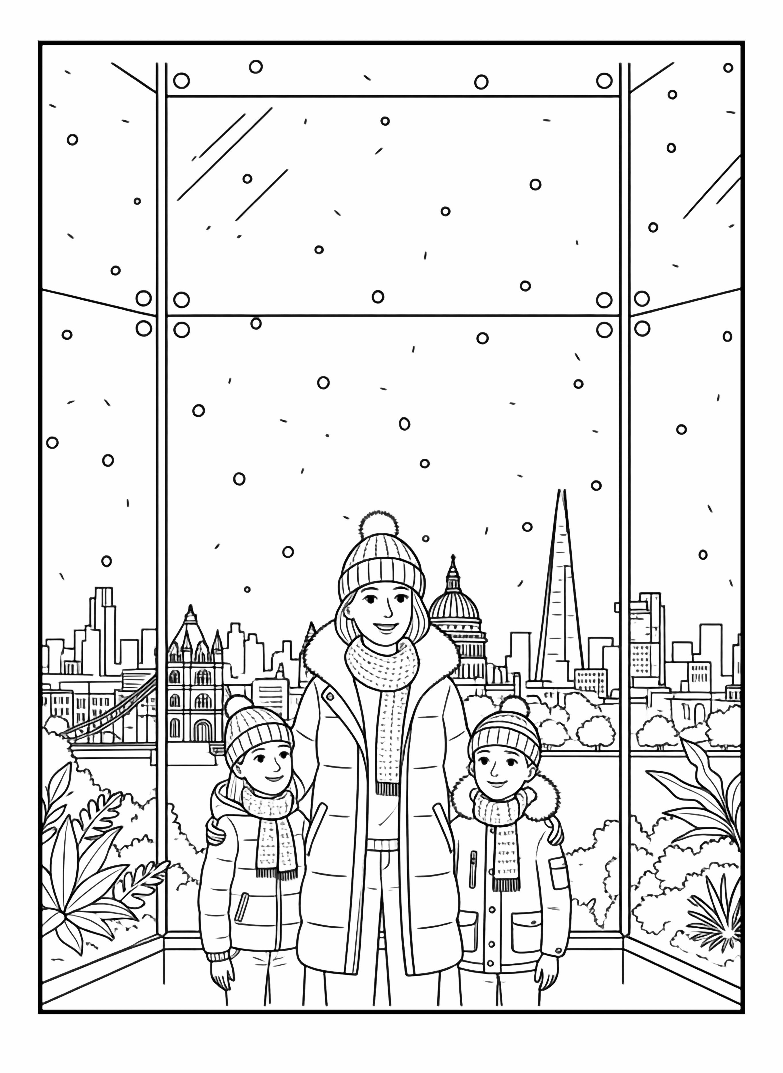 A black and white page showing a serene evening scene at London's Sky Garden A mother stands smiling between her two children all three gazing out in wonder through the large glass windows The iconic London skyline stretches before them with recognizable silhouettes including The Shard St Paul's Cathedral dome and the Tower Bridge clean black and white line drawing minimal shading no colour no fill kleurplaat