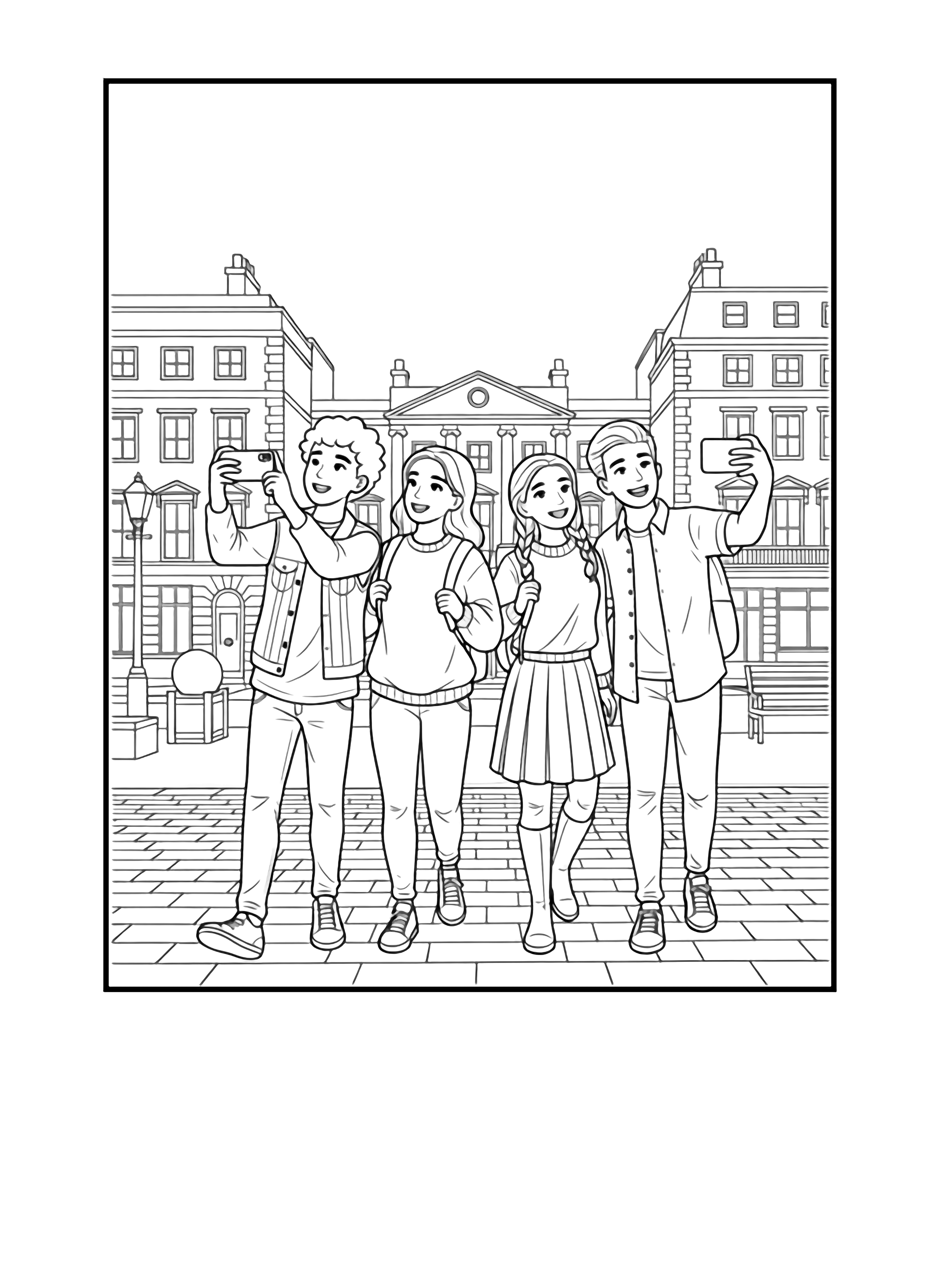 A group of four young friends, three women and one man, taking selfies and photos on a city street with buildings in the background. kleurplaat