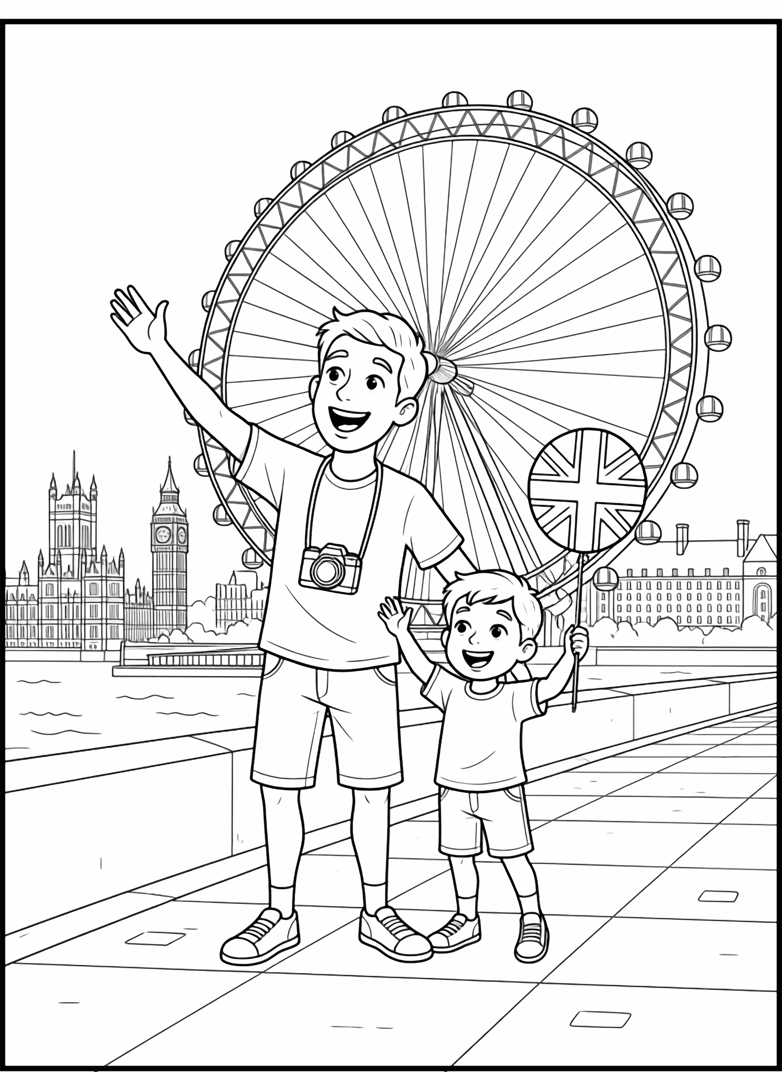 A black and white page showing a joyful father and his young son on vacation in London standing excitedly beside the London Eye The father holds a camera around his neck and points up at the giant Ferris wheel with a big smile while his son clutches a balloon shaped like a Union Jack and waves at clean black and white line drawing minimal shading no colour no fill kleurplaat
