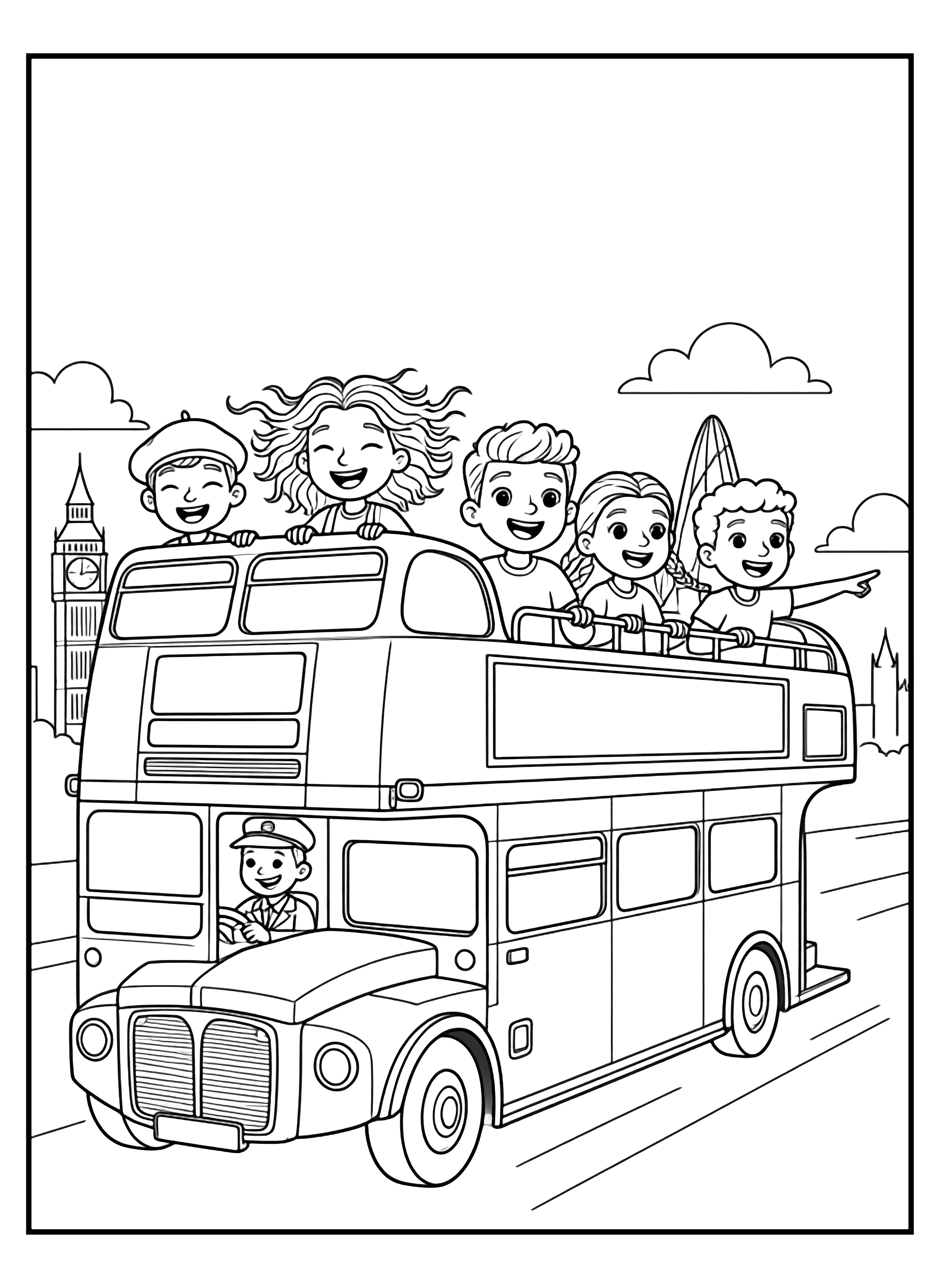 A black and white page showing five cheerful children of different backgrounds sitting happily on the top deck of a classic London double decker bus Each child has distinct features one wears a cute beret another has curly hair flowing in the breeze one sports a bright smile with missing front teeth one has beautiful bra clean black and white line drawing minimal shading no colour no fill kleurplaat