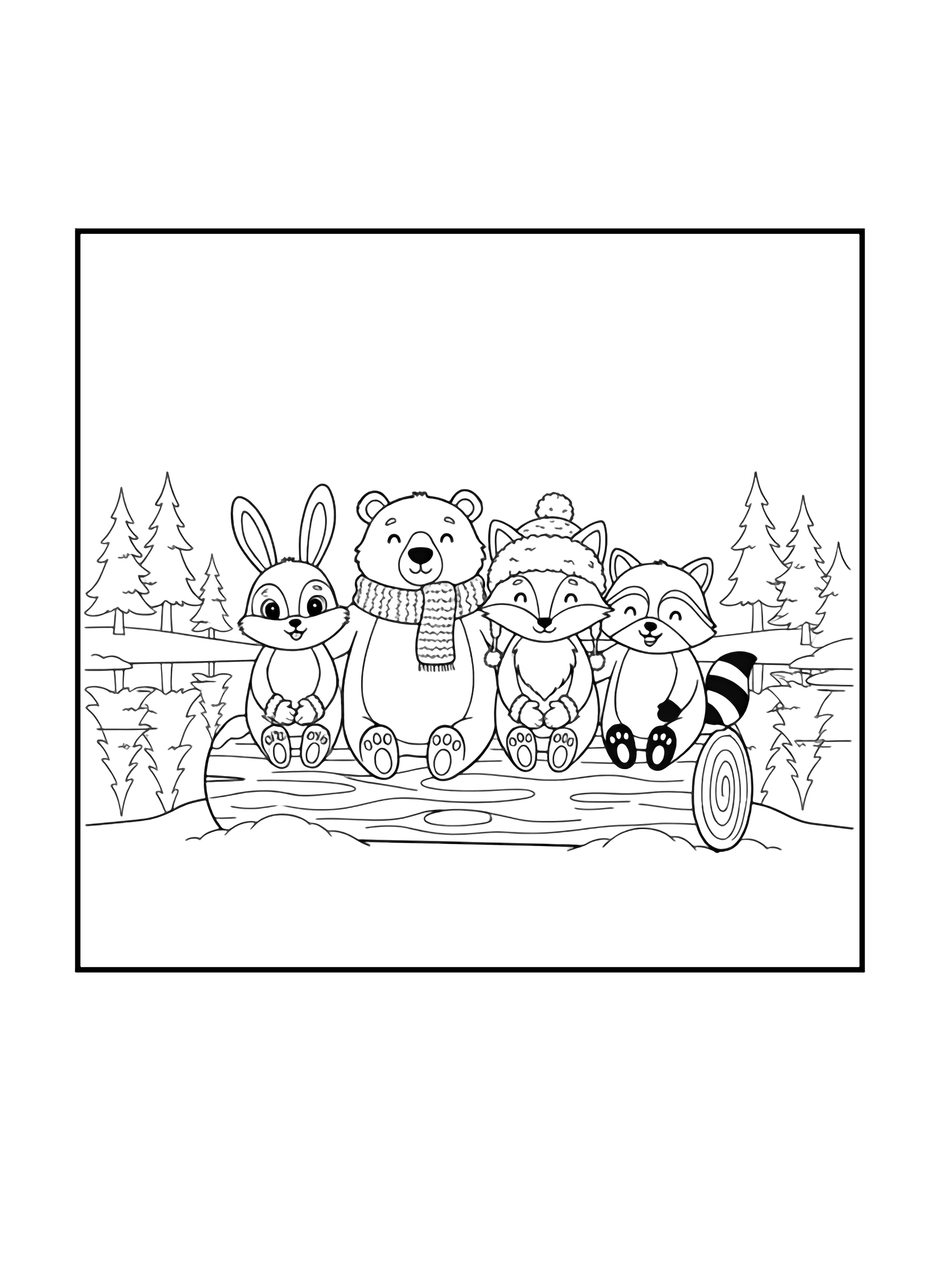 A black and white page showing a cheerful circle of forest friends perched on a chunky snow dusted log beside a mirror smooth lake A plump bear wearing a tiny knit scarf a fluffy fox with an oversized fuzzy hat a wide eyed bunny in mittens and a smiling raccoon with a round clean black and white line drawing minimal shading no colour no fill kleurplaat