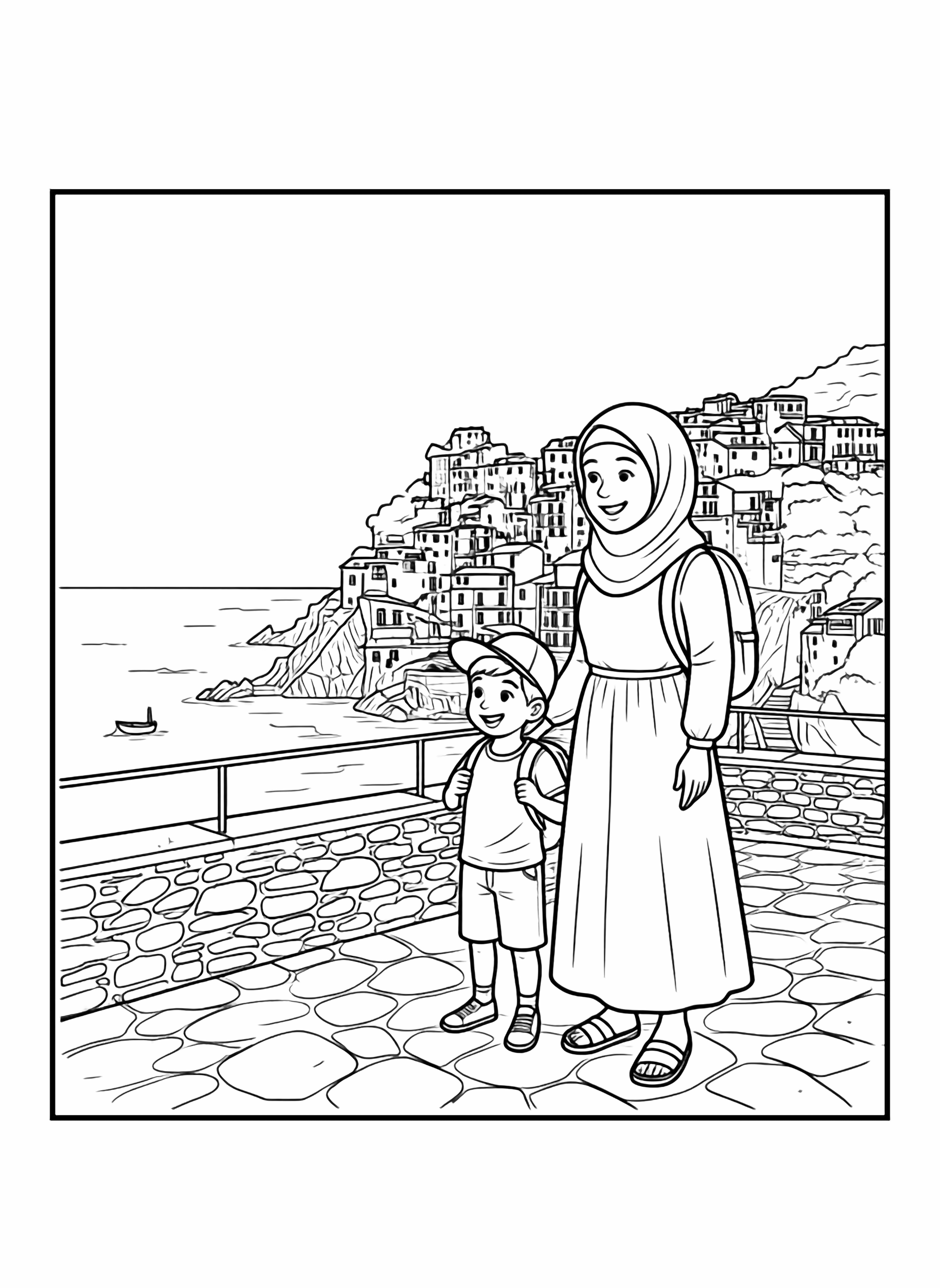 A black and white page showing a happy mother and her young son exploring the charming cliffside village of Cinque Terre in Liguria Italy They stand together on a scenic terrace both wearing sun hats and carrying small daypacks The mother is pointing excitedly at the distinctive houses that cascade down clean black and white line drawing minimal shading no colour no fill kleurplaat