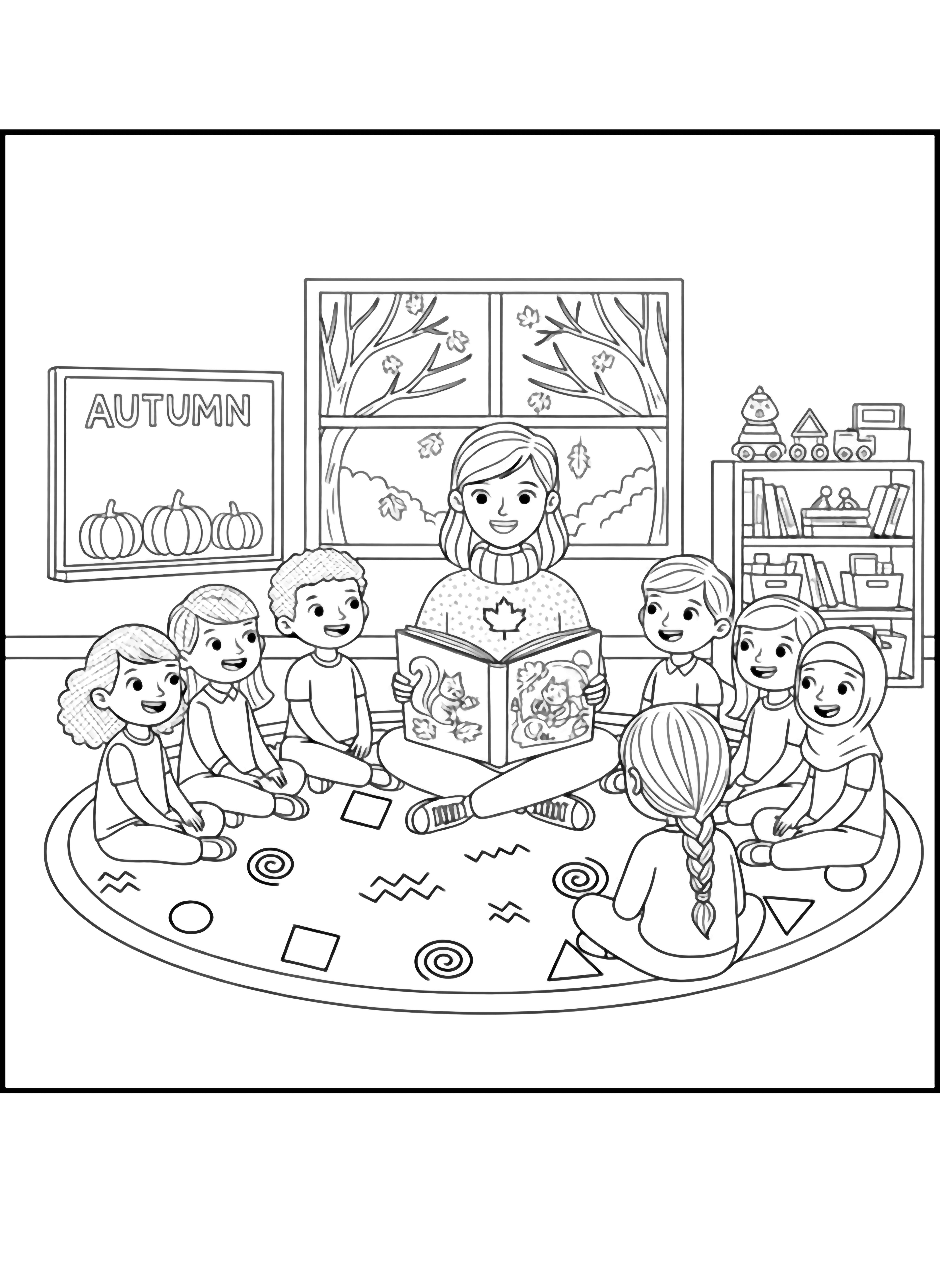 A black and white page of a cheerful classroom circle on an autumn day Children of different backgrounds sit cross legged on a rug decorated with leaf patterns their faces bright with excitement The teacher wearing a cozy sweater with a maple leaf pin holds an open picture book showing whimsical woodland creatures preparing for winter A clean black and white line drawing minimal shading no colour no fill kleurplaat