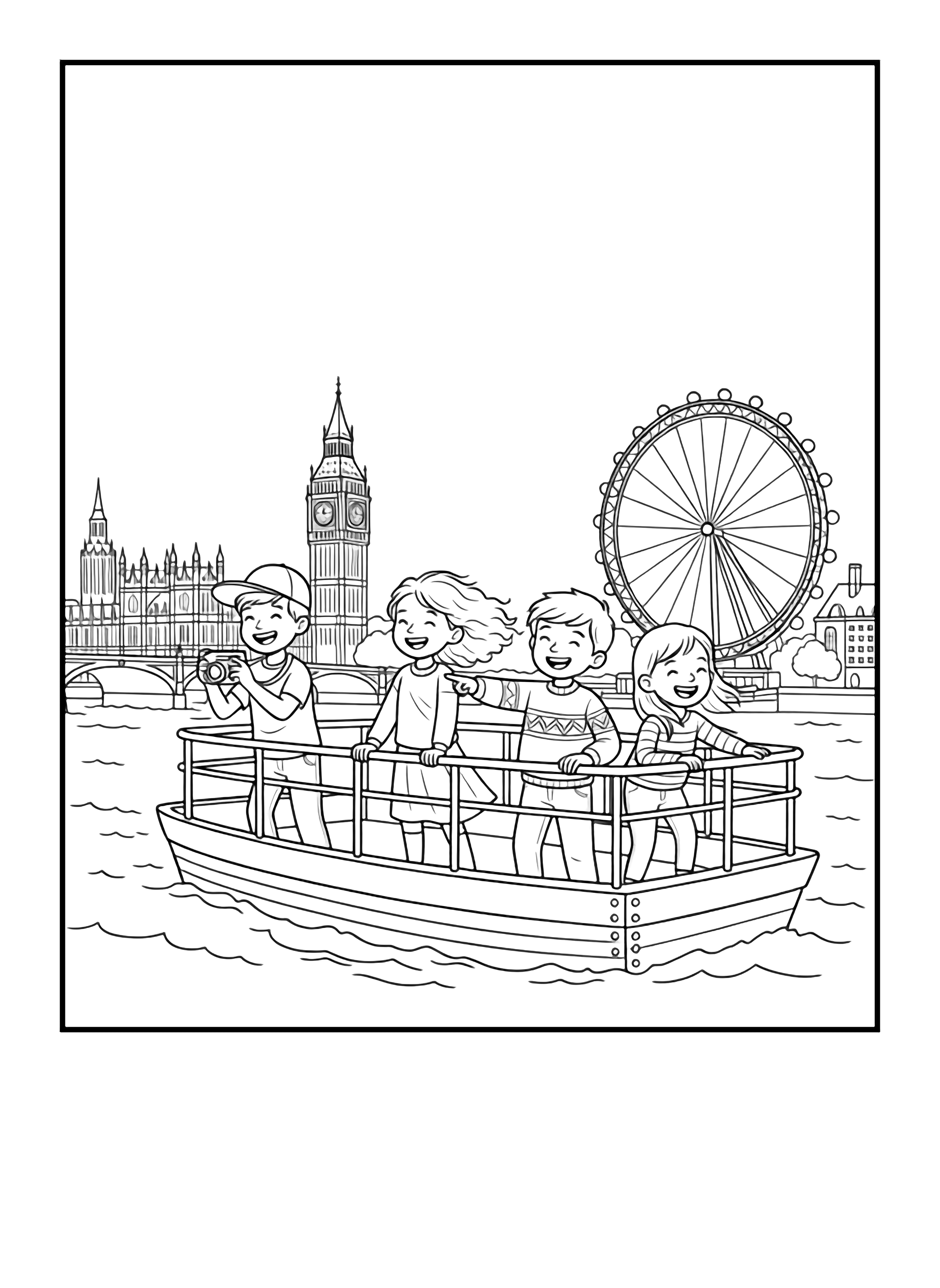 A page of four happy children on a boat tour in London, pointing towards iconic landmarks like Big Ben and the London Eye. kleurplaat