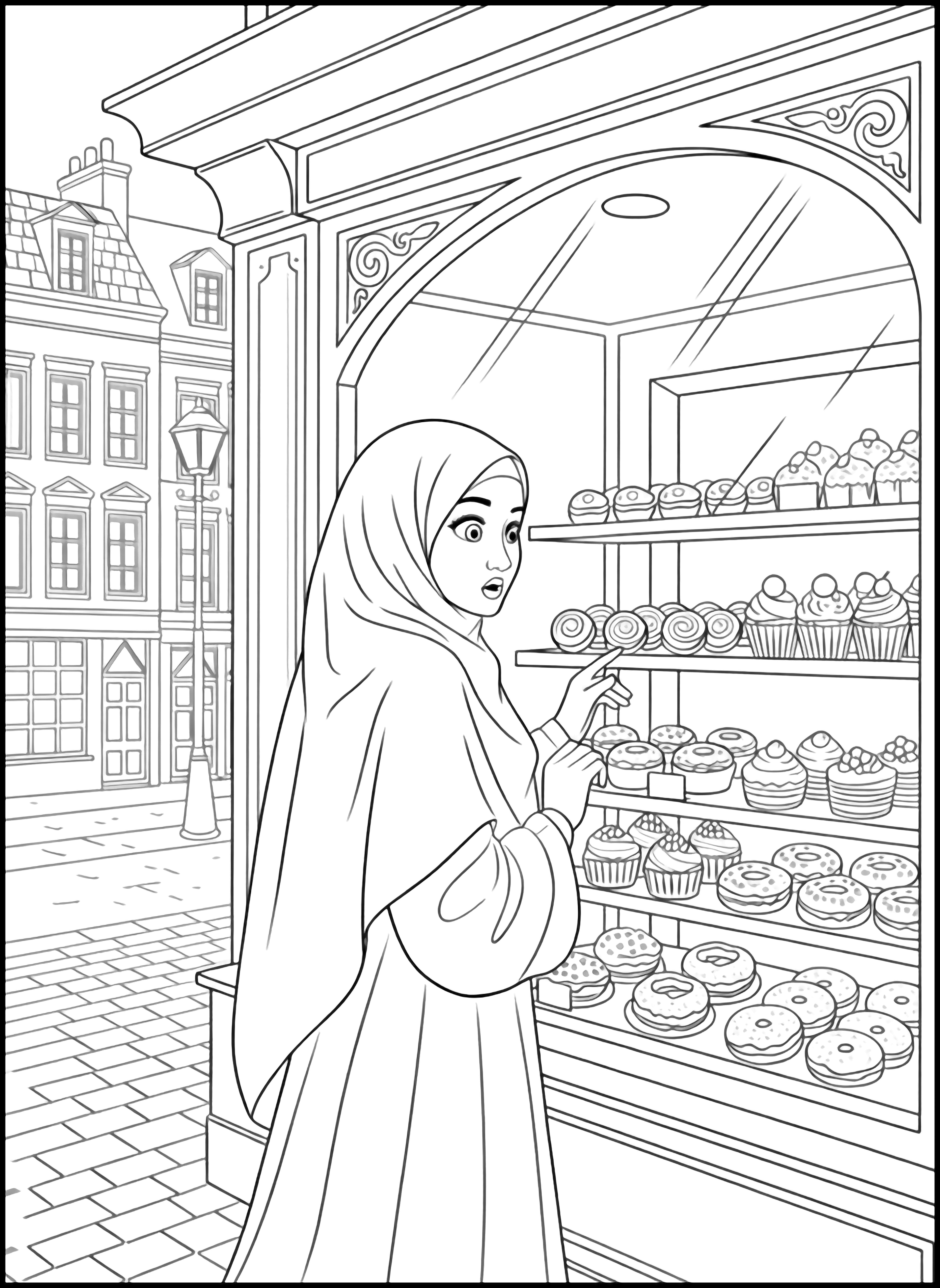 A black and white page showing a graceful Muslim woman in a beautifully draped hijab decorated with gentle floral patterns She stands happily outside the window of a vintage pastry shop her eyes sparkling with delight as she peers inside Through the large display window you can see rows of tempting pastries delicate cookies and clean black and white line drawing minimal shading no colour no fill kleurplaat