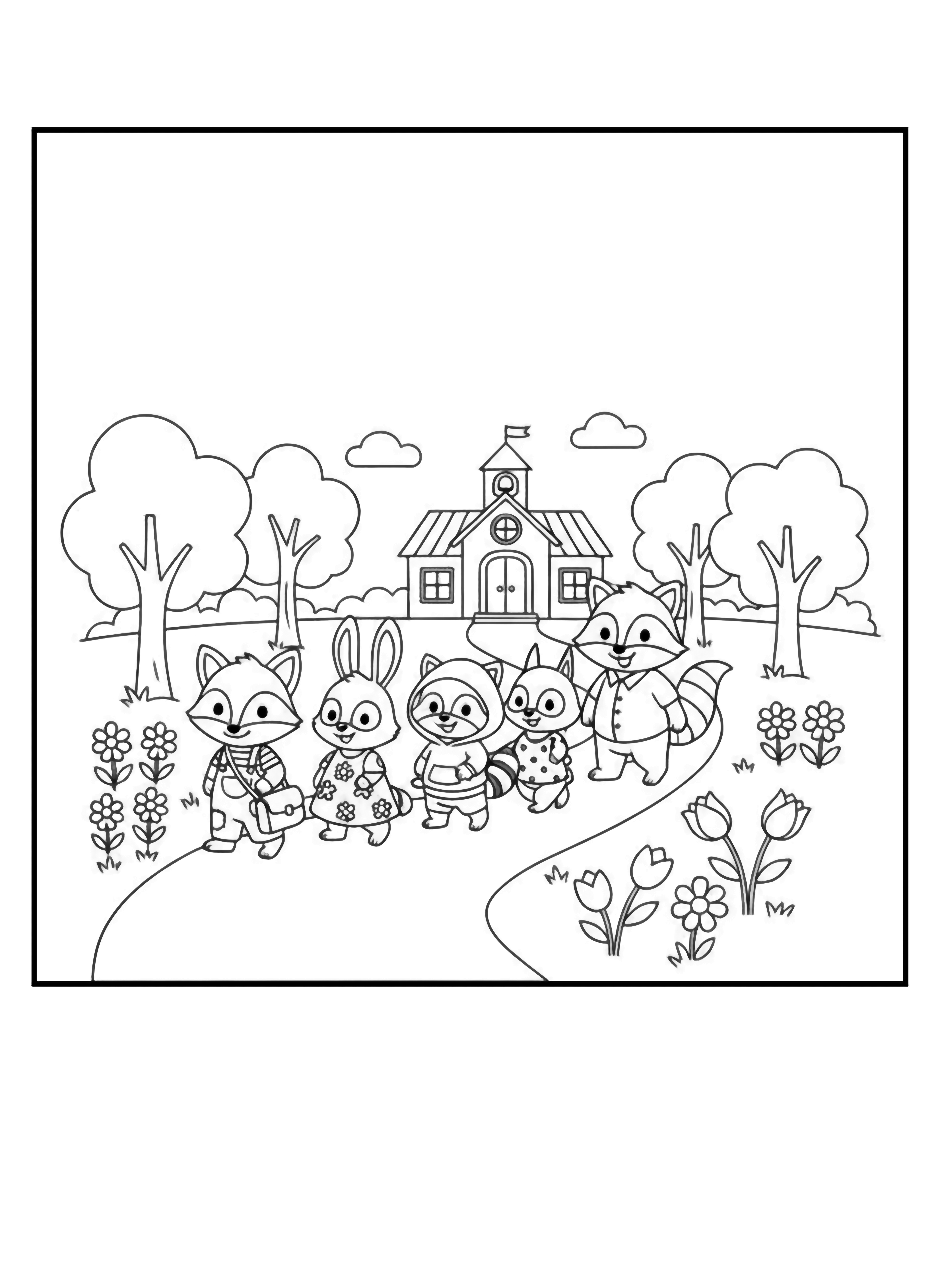illustration on a A line of smiling forest animals fox bunny raccoon squirrel hold lunch boxes while walking along a winding path; parents walk beside them passing simple trees flowers and a schoolhouse ahead all in bold open black outlines on white clean black kleurplaat