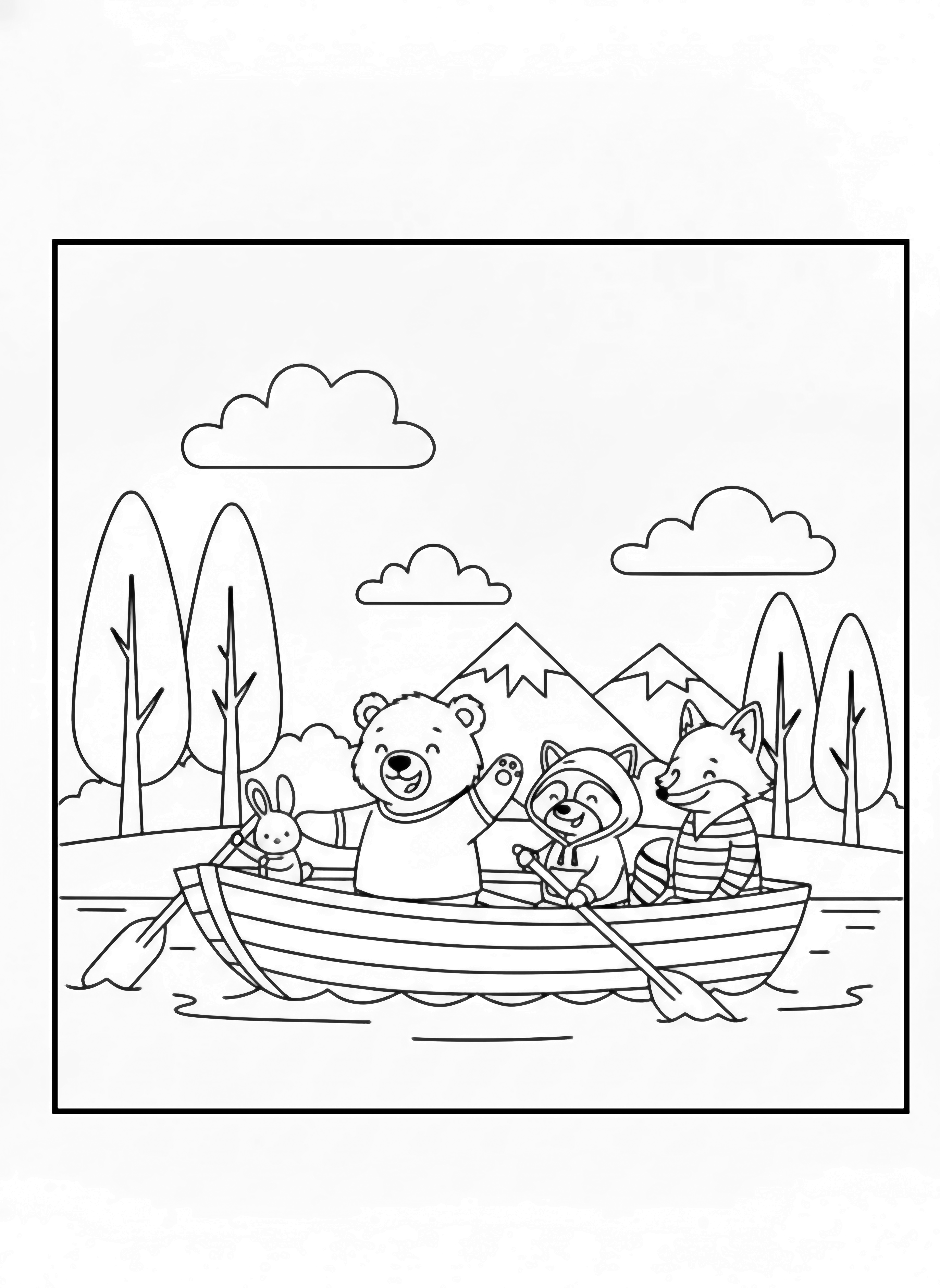 illustration on a Playful deer bear raccoon and fox wearing life vests ride a simple rowboat on calm water; tall trees clouds and distant mountains form an easy to color background clean black kleurplaat