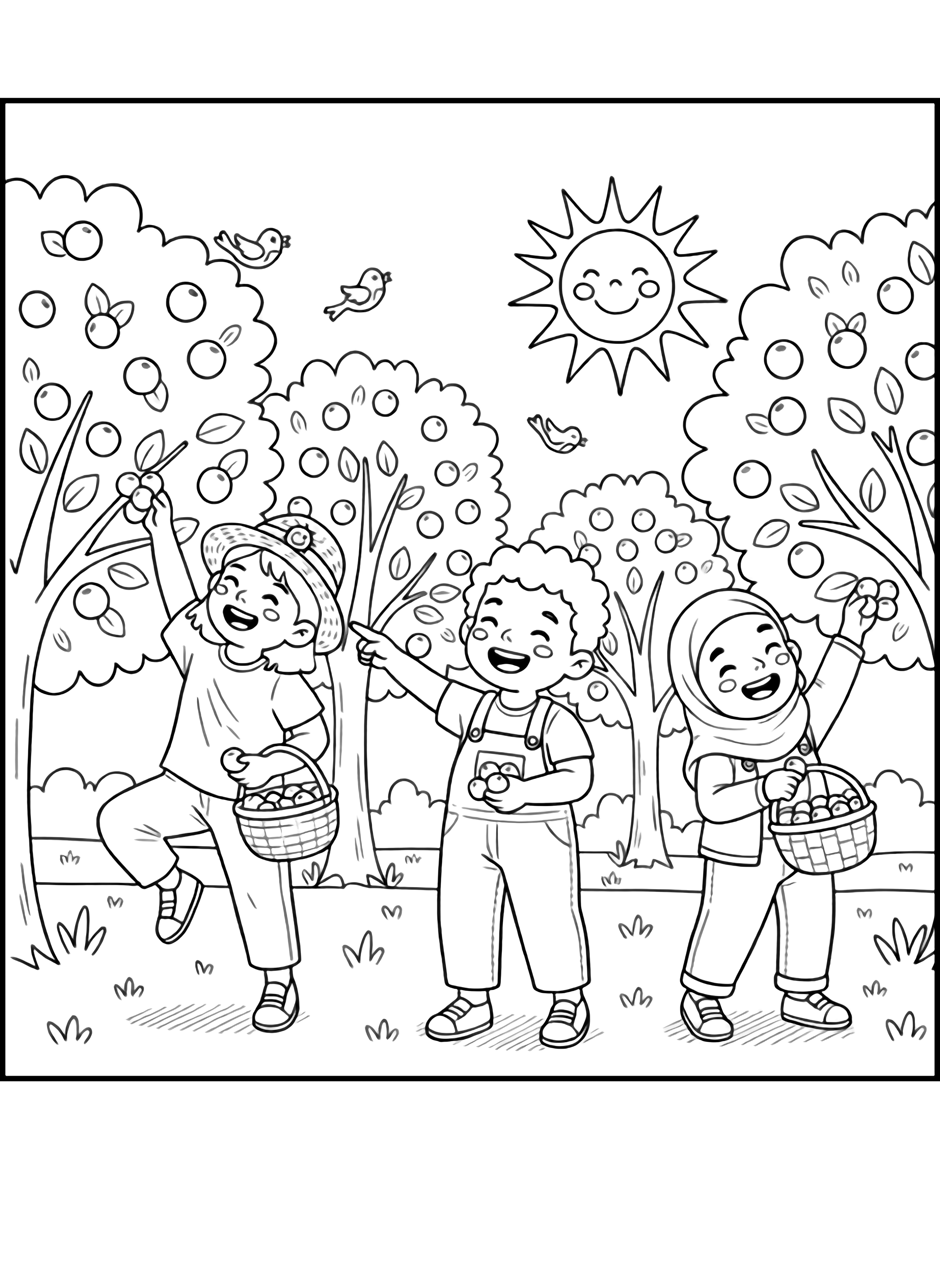 A black and white page showing three joyful children harvesting berries together in a sunny orchard The Asian child stands on tip toes to reach the highest branches wearing a small straw hat and carrying a woven basket decorated with a smiling sun The African child has a bright smile and wears overalls with a bandage on clean black and white line drawing minimal shading no colour no fill kleurplaat