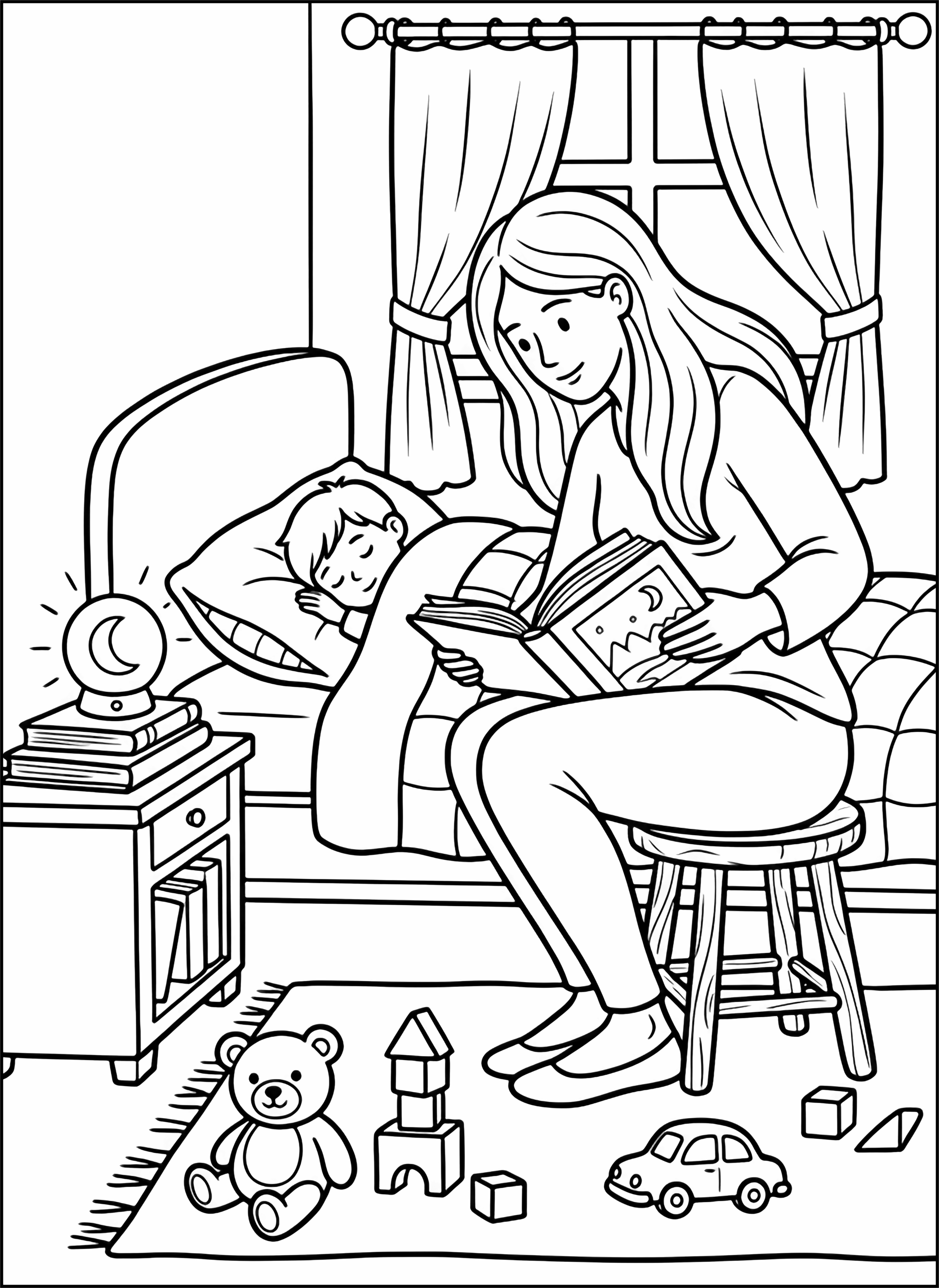 Mother with long hair sits on small chair, leaning over low bed, reading picture book to child under quilt; nightlight on bedside table, toys on rug, open-curtained window. kleurplaat