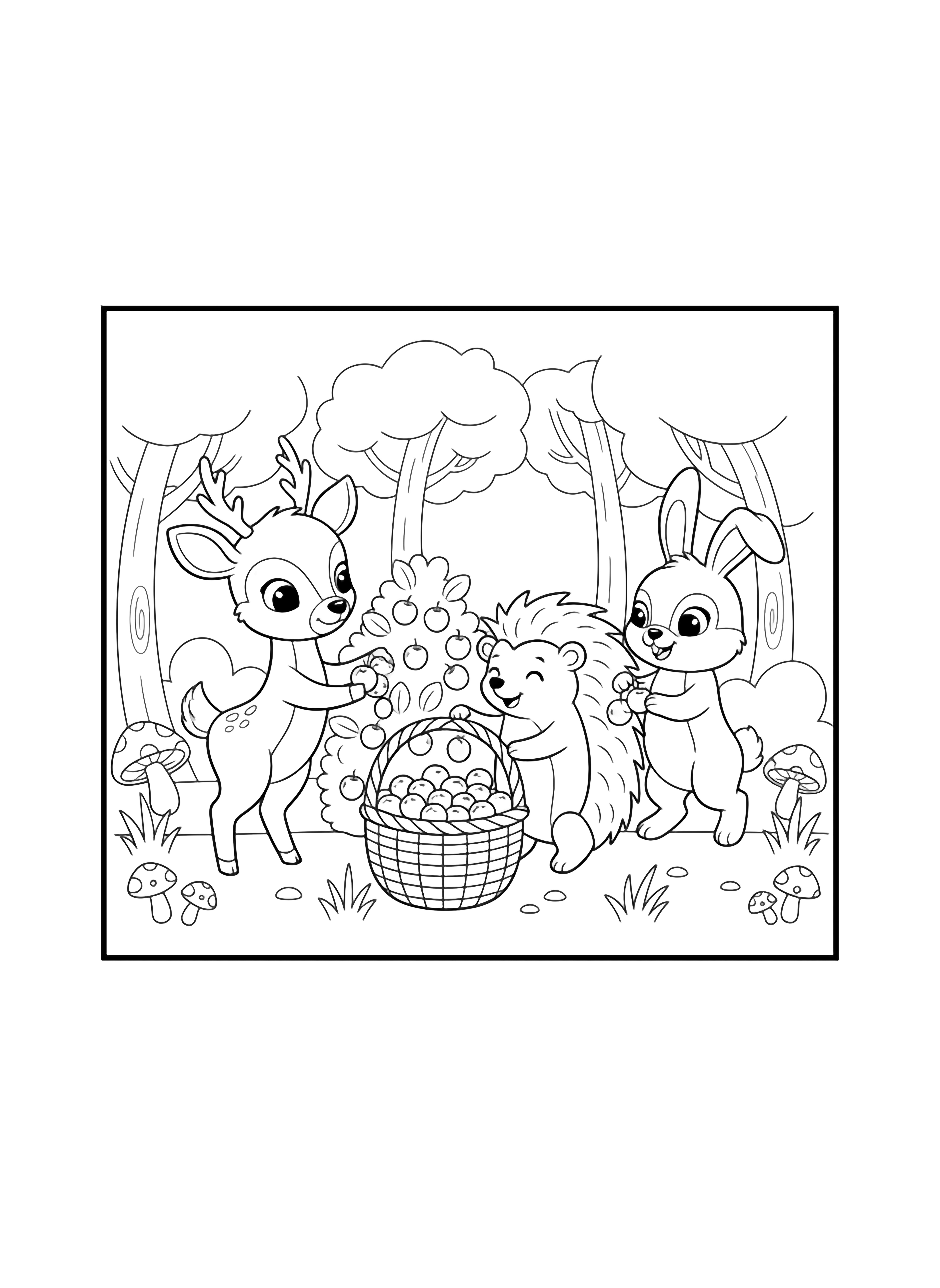 illustration on a pure A smiling deer hedgehog and bunny stand on hind legs plucking berries from a bush into a big basket; simple trees mushrooms and grass form a light forest frame all in bold black outlines on white clean black pure NO fills NO grayscale NO shading NO cross hatching NO solid areas kleurplaat